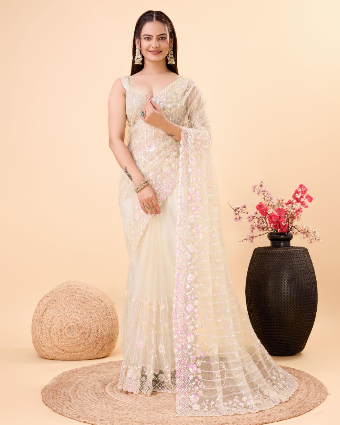 PARTY WEAR SOFT NET EMBROIDERED DESIGNER SAREE WITH BLOUSE PIECE