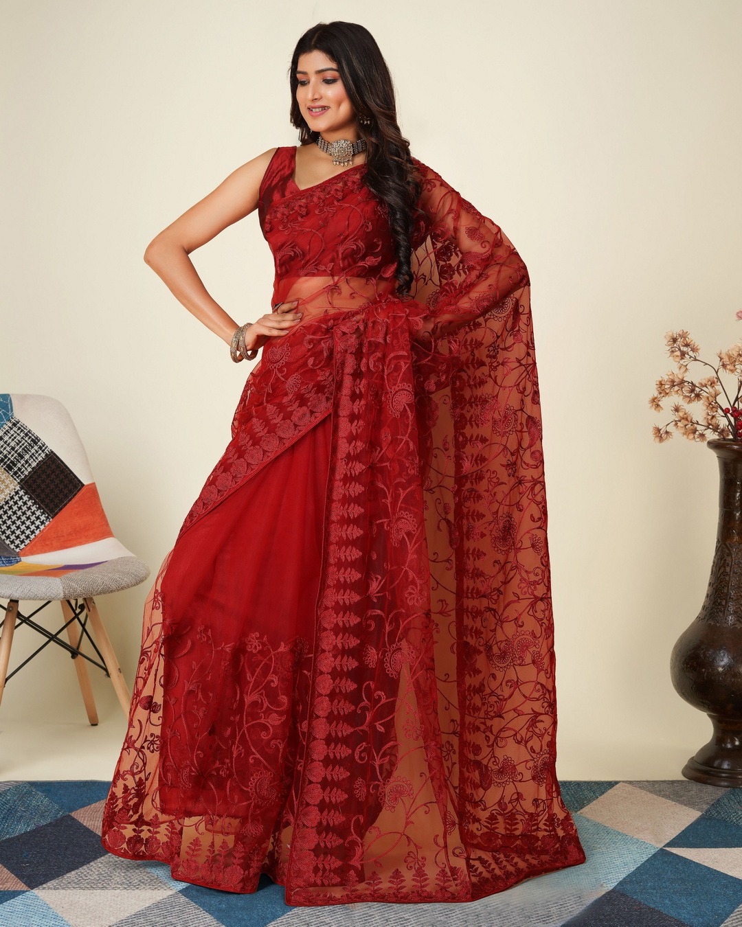 SOFT NET CHIKANKARI EMBROIDRED SAREEE WITH BLOUSE PIECE