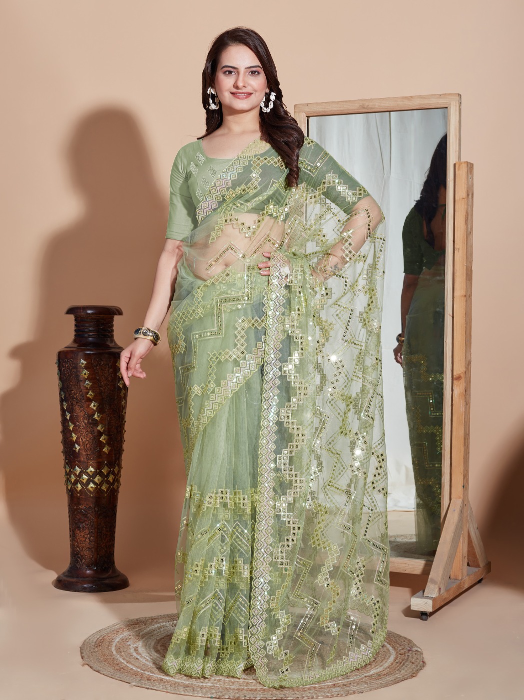 DESIGNER SOFT NET SEQUINS WORK SAREE WITH BLOUSE PIECE