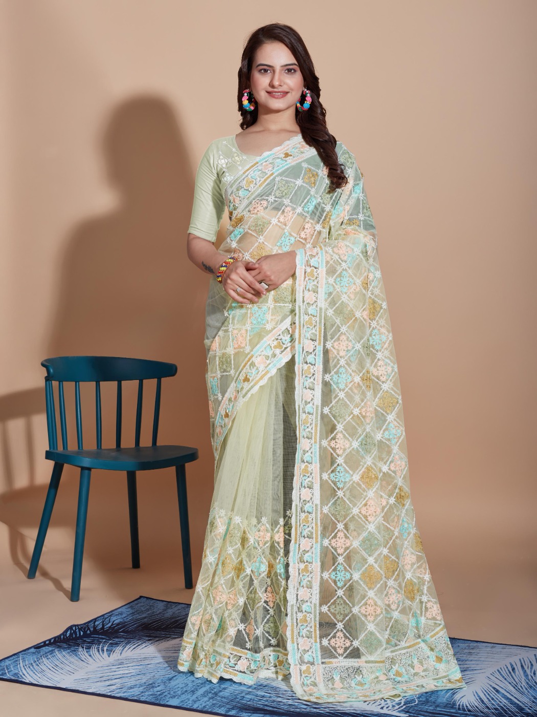 BUTTERFLY NET PARTY WEAR EMBROIDRED SAREE WITH BLOUSE