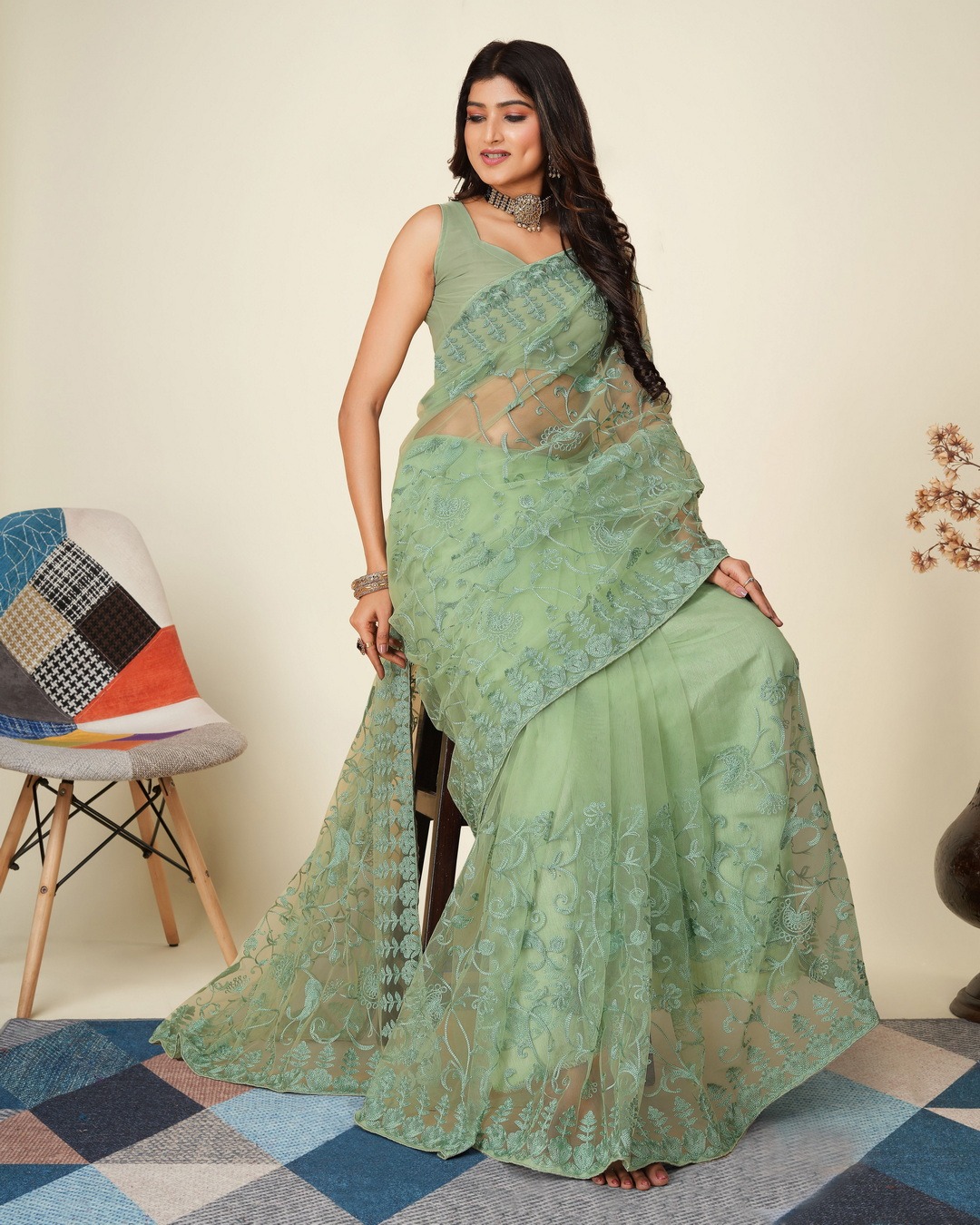SOFT NET CHIKANKARI EMBROIDRED SAREEE WITH BLOUSE PIECE