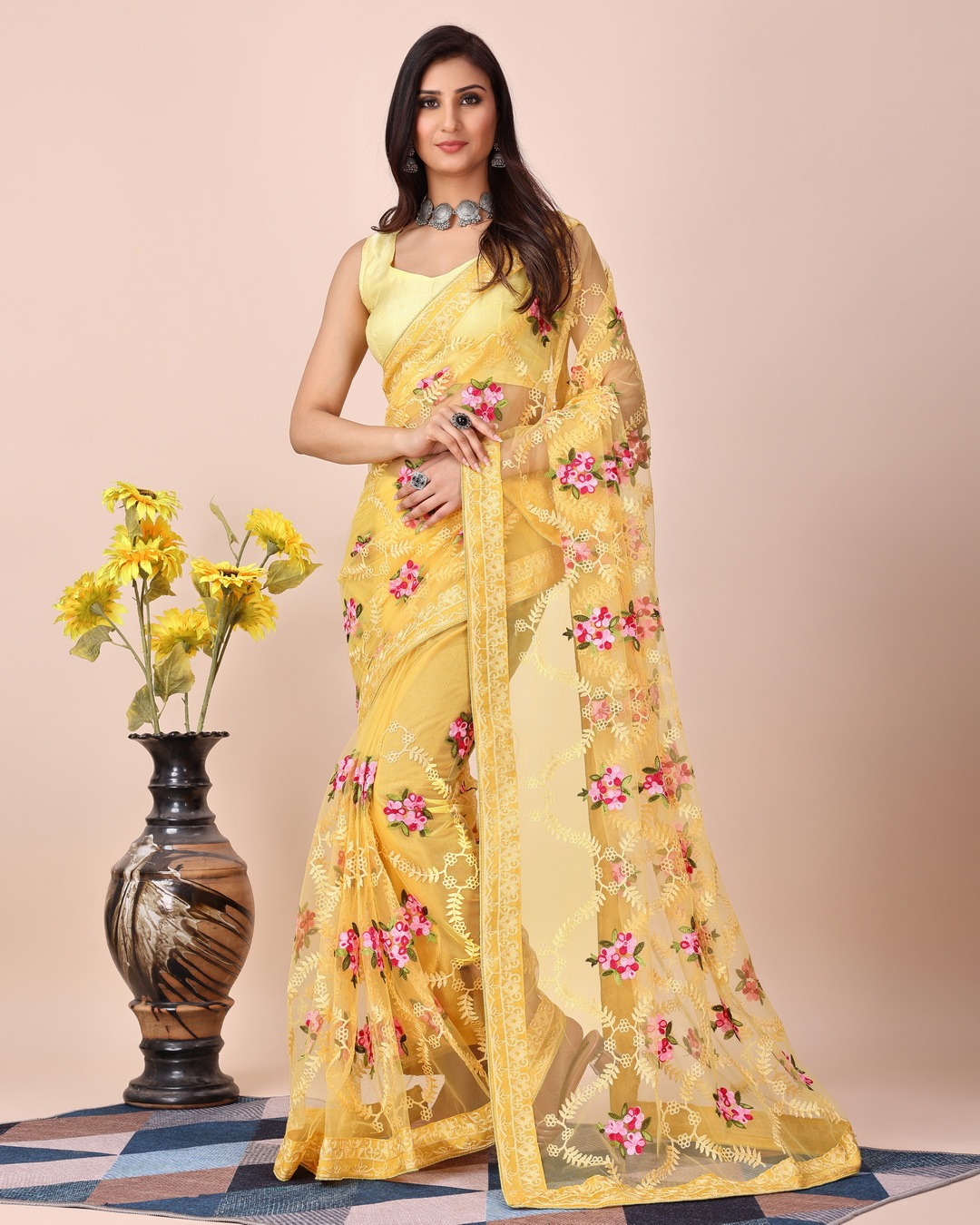 CHIKANKARI EMBROIDERED SOFT NET SAREE WITH BLOUSE PIECE