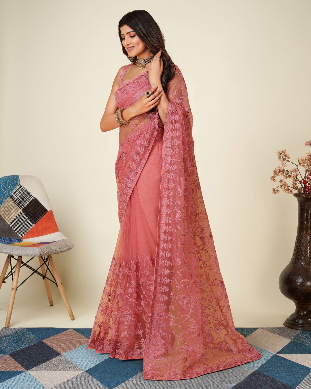 SOFT NET CHIKANKARI EMBROIDRED SAREEE WITH BLOUSE PIECE