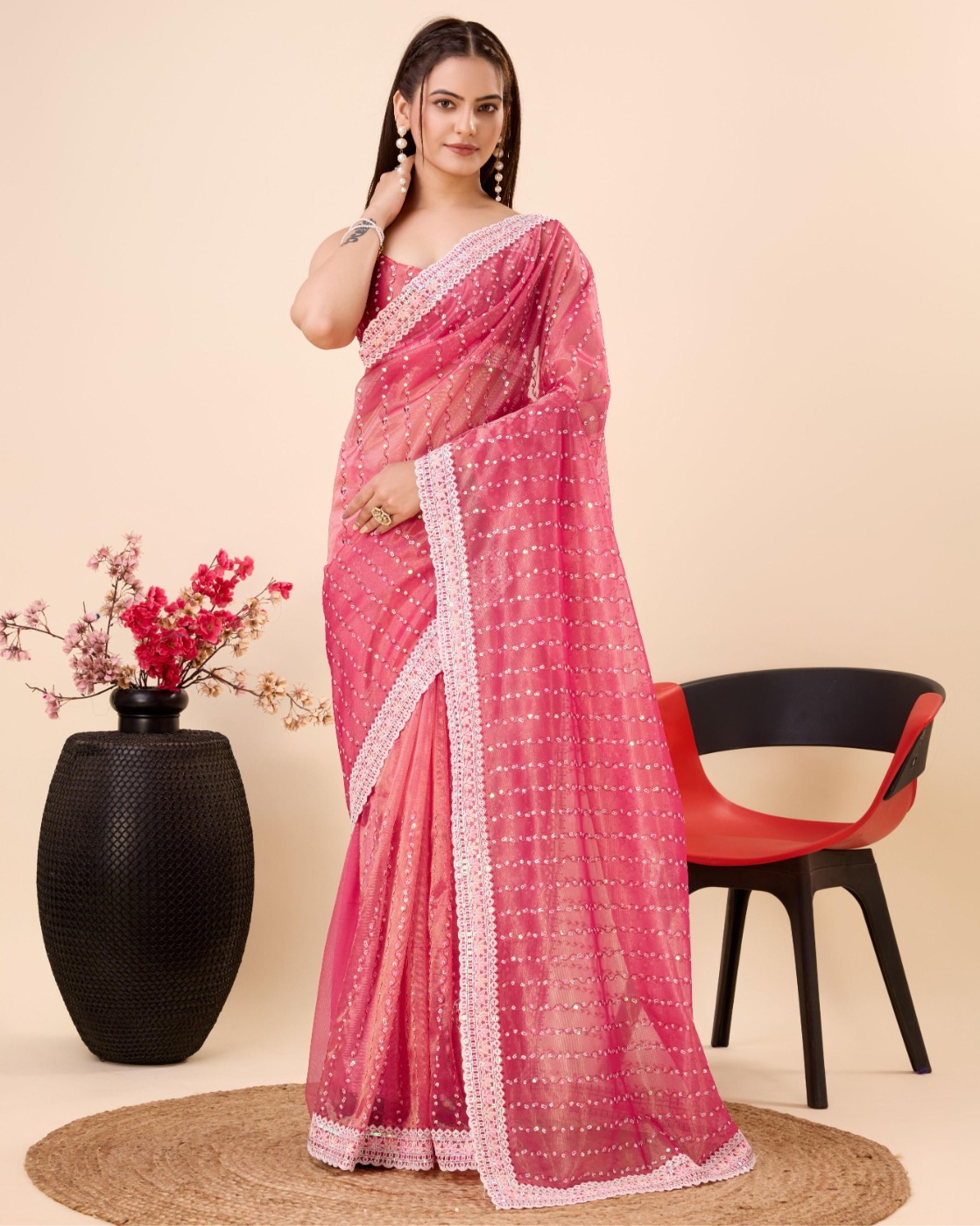 PARTY WEAR SEQUINS EMBROIDERED SOFT NET SAREE WITH BLOUSE