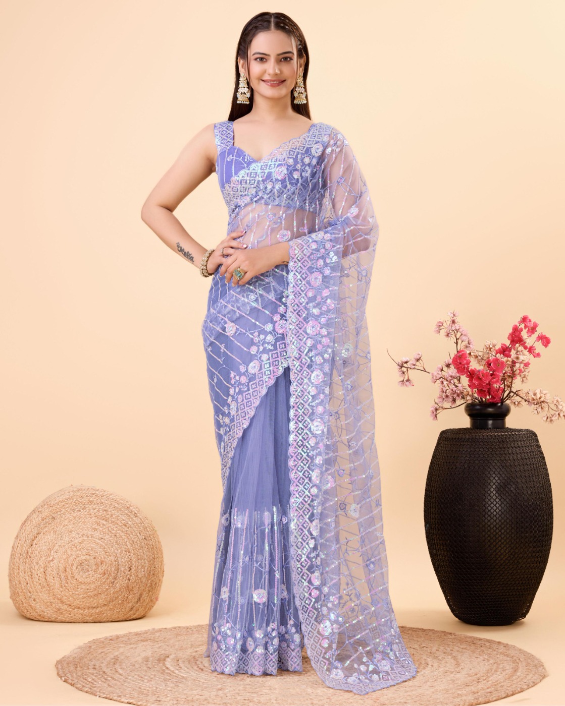 PARTY WEAR SOFT NET EMBROIDERED DESIGNER SAREE WITH BLOUSE PIECE