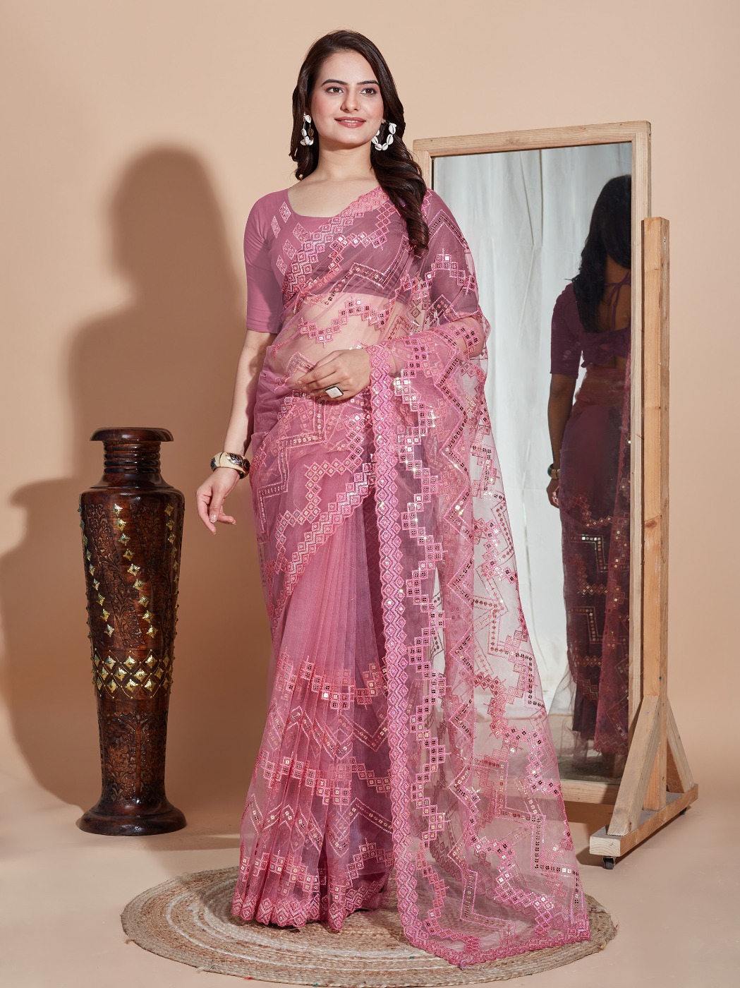 DESIGNER SOFT NET SEQUINS WORK SAREE WITH BLOUSE PIECE