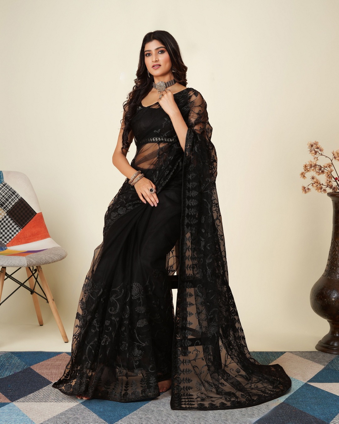 SOFT NET CHIKANKARI EMBROIDRED SAREEE WITH BLOUSE PIECE