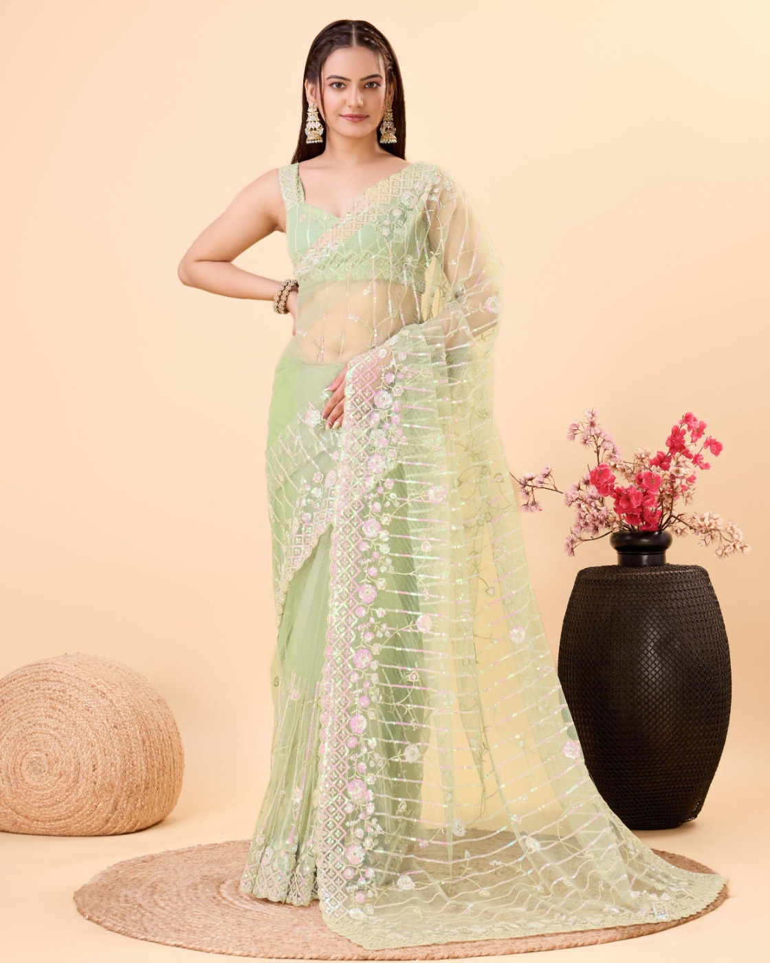 PARTY WEAR SOFT NET EMBROIDERED DESIGNER SAREE WITH BLOUSE PIECE