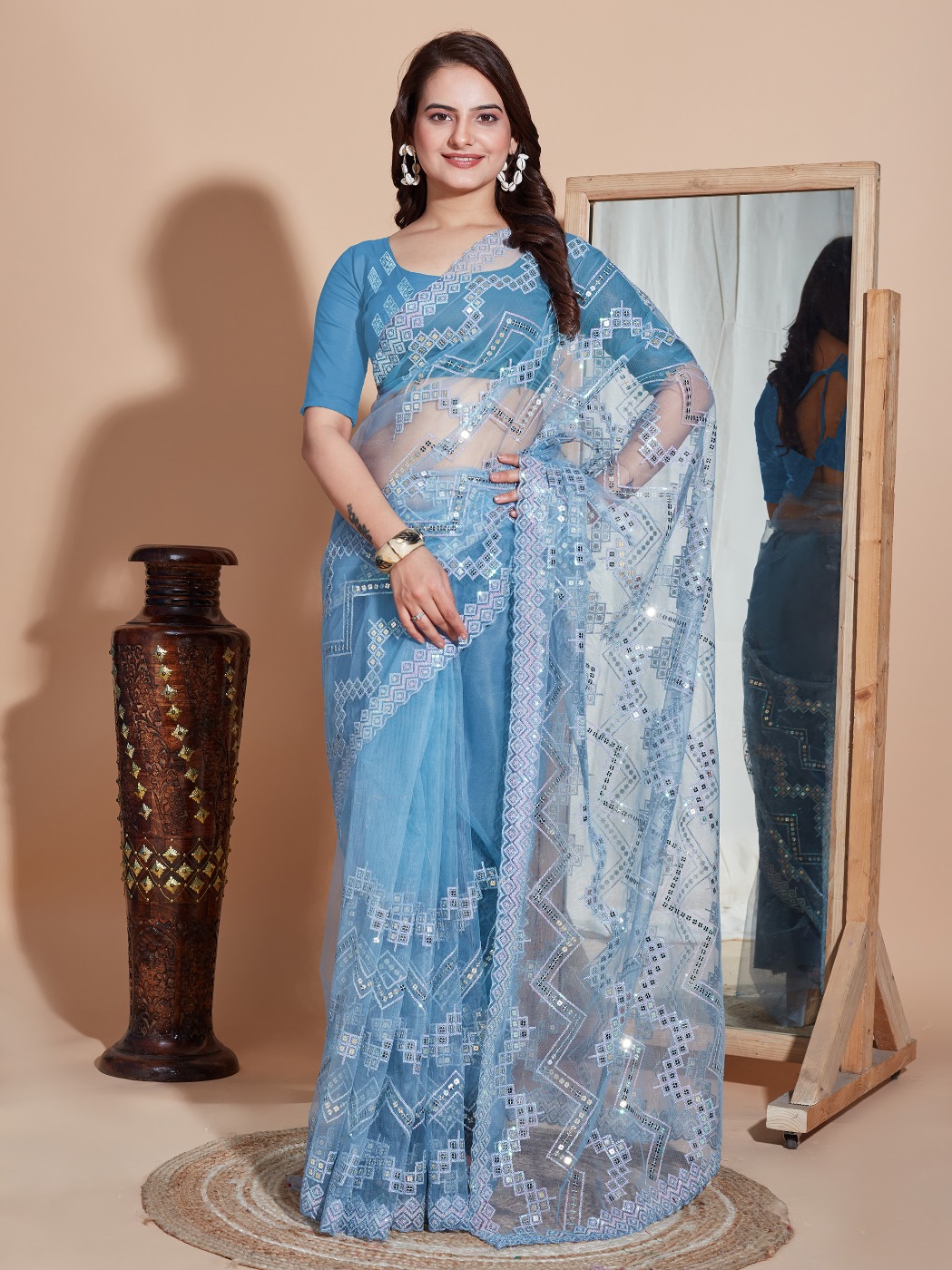 DESIGNER SOFT NET SEQUINS WORK SAREE WITH BLOUSE PIECE