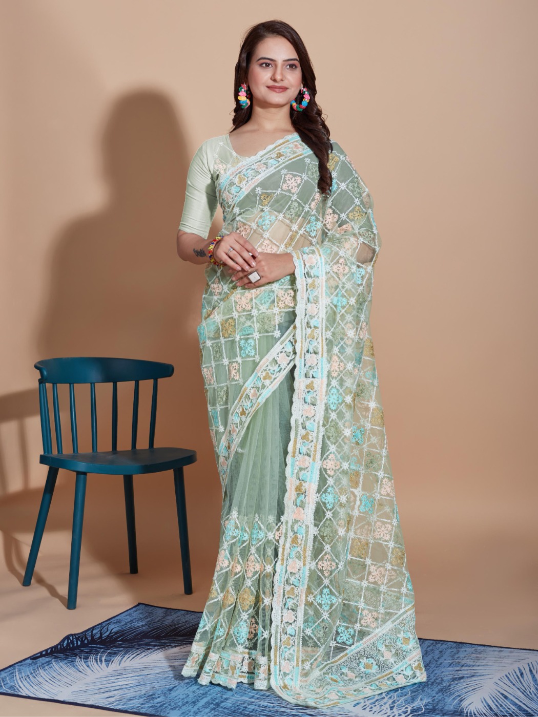 BUTTERFLY NET PARTY WEAR EMBROIDRED SAREE WITH BLOUSE