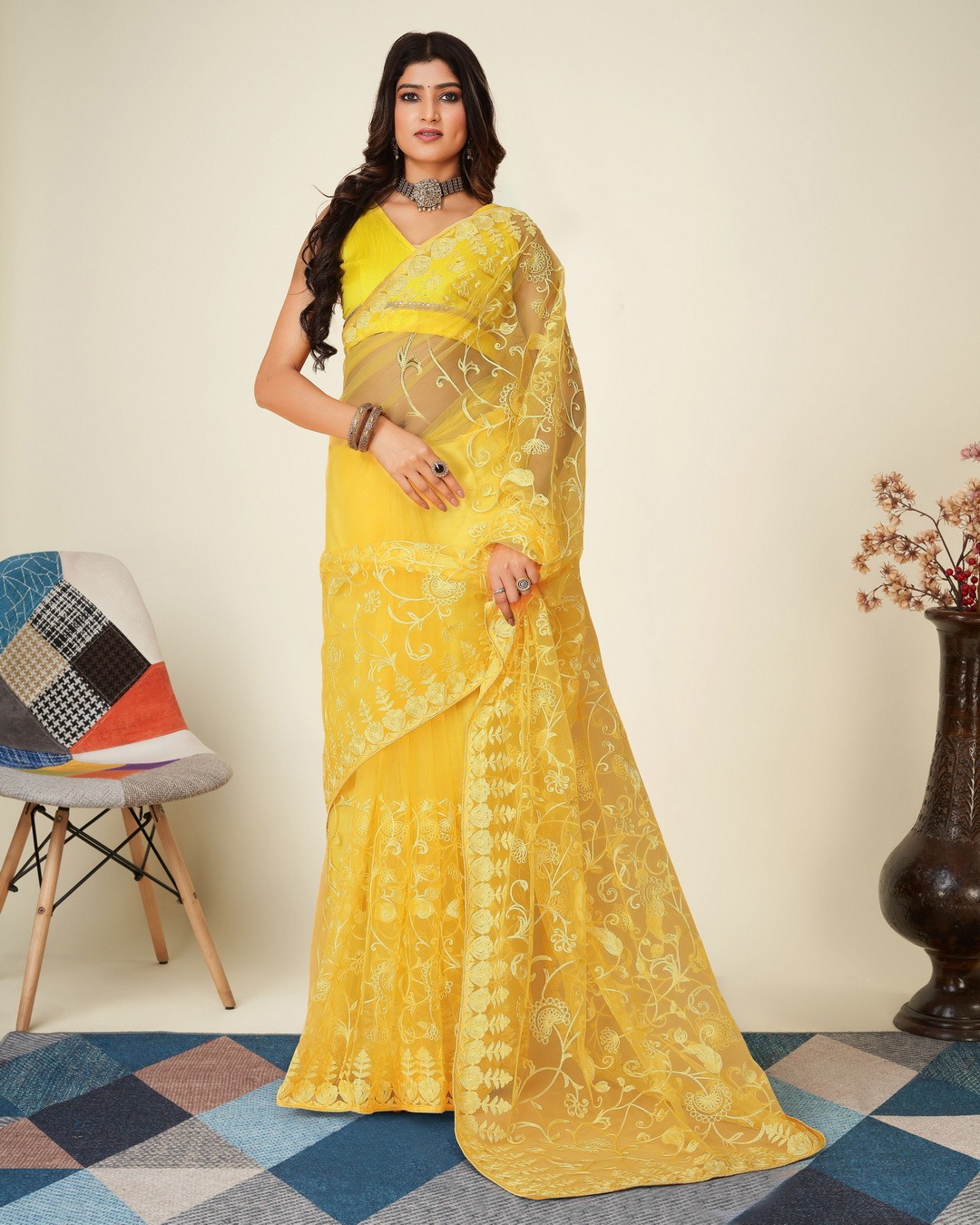 SOFT NET CHIKANKARI EMBROIDRED SAREEE WITH BLOUSE PIECE
