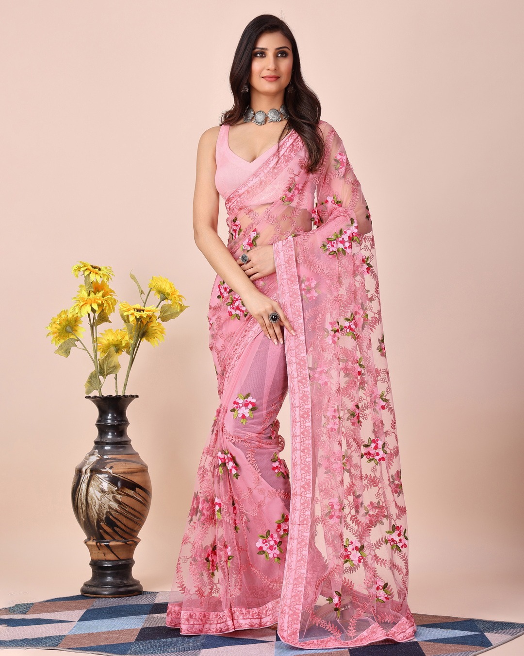 CHIKANKARI EMBROIDERED SOFT NET SAREE WITH BLOUSE PIECE