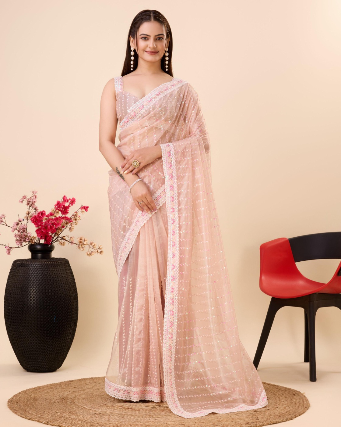 PARTY WEAR SEQUINS EMBROIDERED SOFT NET SAREE WITH BLOUSE