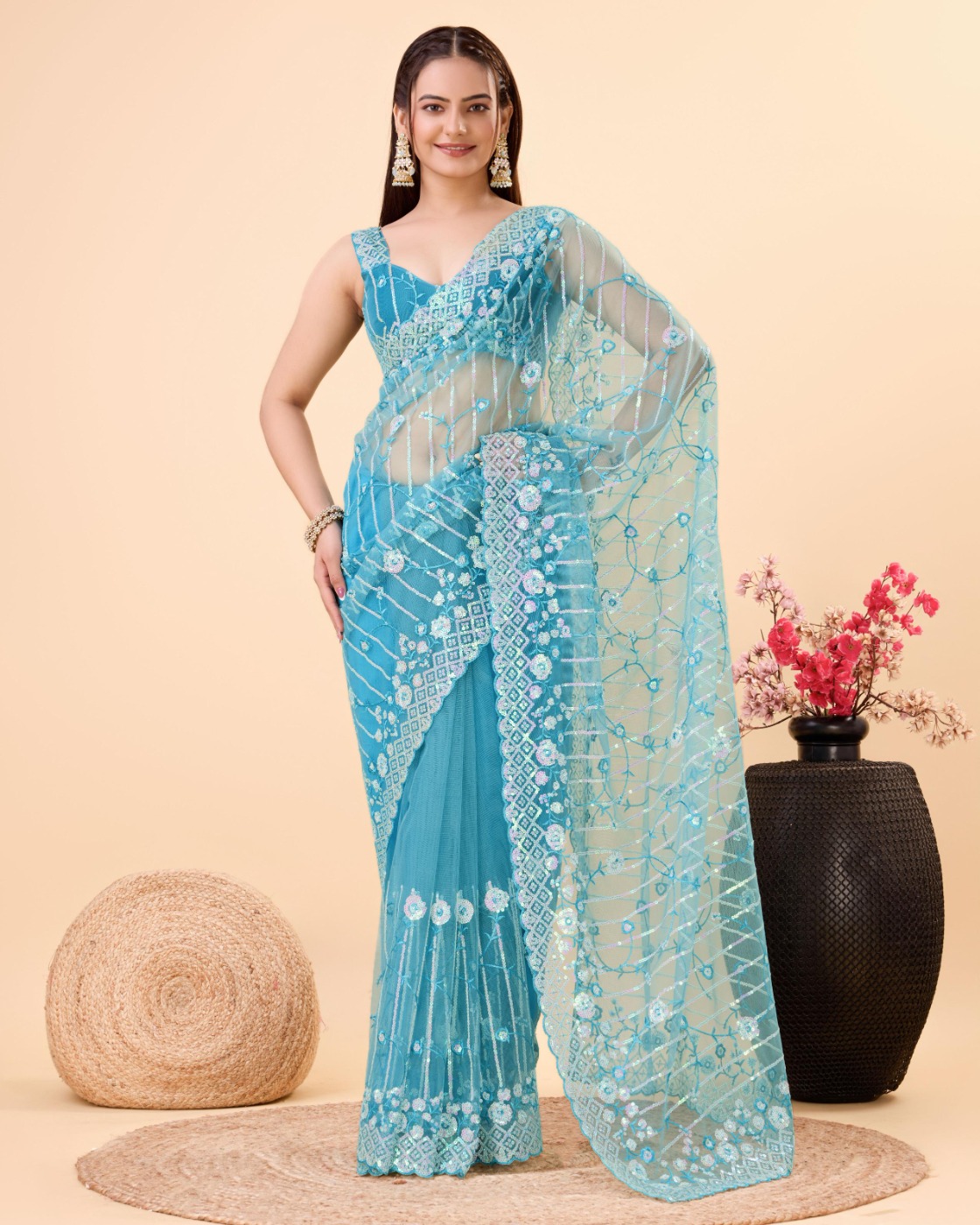 PARTY WEAR SOFT NET EMBROIDERED DESIGNER SAREE WITH BLOUSE PIECE