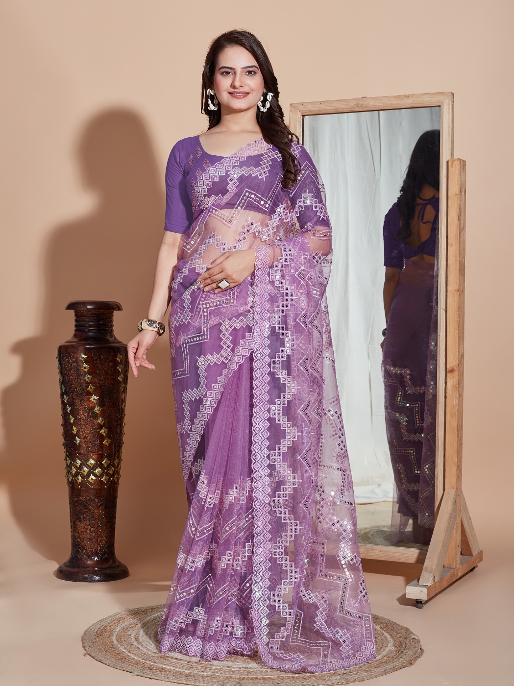 DESIGNER SOFT NET SEQUINS WORK SAREE WITH BLOUSE PIECE