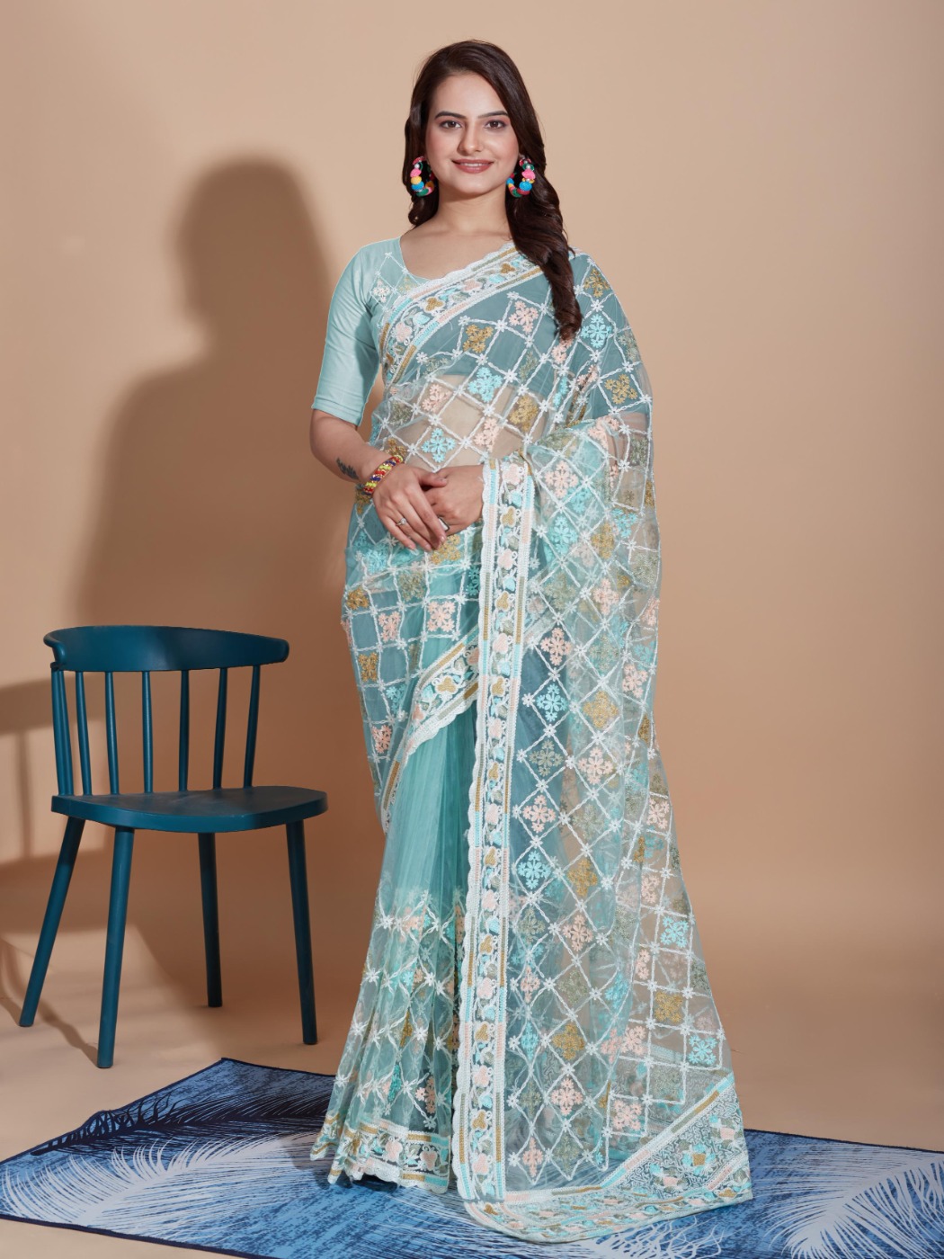 BUTTERFLY NET PARTY WEAR EMBROIDRED SAREE WITH BLOUSE