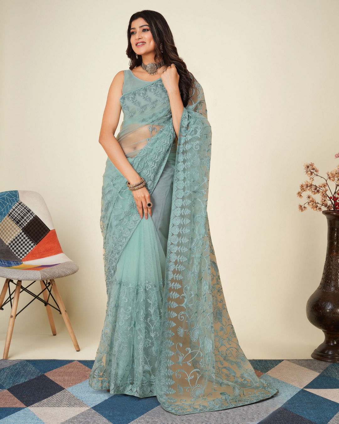 SOFT NET CHIKANKARI EMBROIDRED SAREEE WITH BLOUSE PIECE