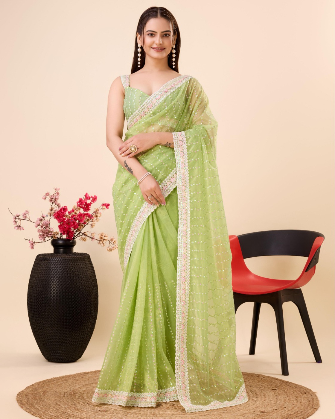 PARTY WEAR SEQUINS EMBROIDERED SOFT NET SAREE WITH BLOUSE