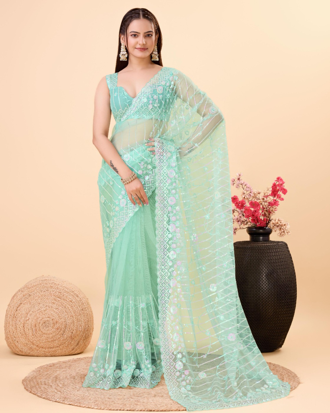 PARTY WEAR SOFT NET EMBROIDERED DESIGNER SAREE WITH BLOUSE PIECE