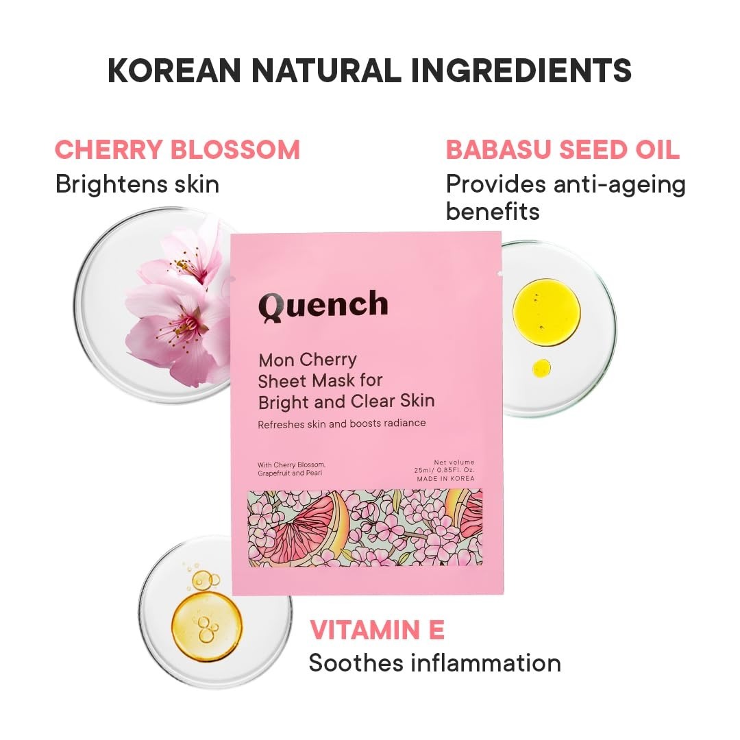 QUENCH Brightening Korean Sheet Mask with Cherry Blossom Radiance| Korean Face Mask for Glowing Skin| Hydrates Skin and Evens Out Skin Tone|Made in Korea| For All Skin Types (Pack of 1, 25ml)