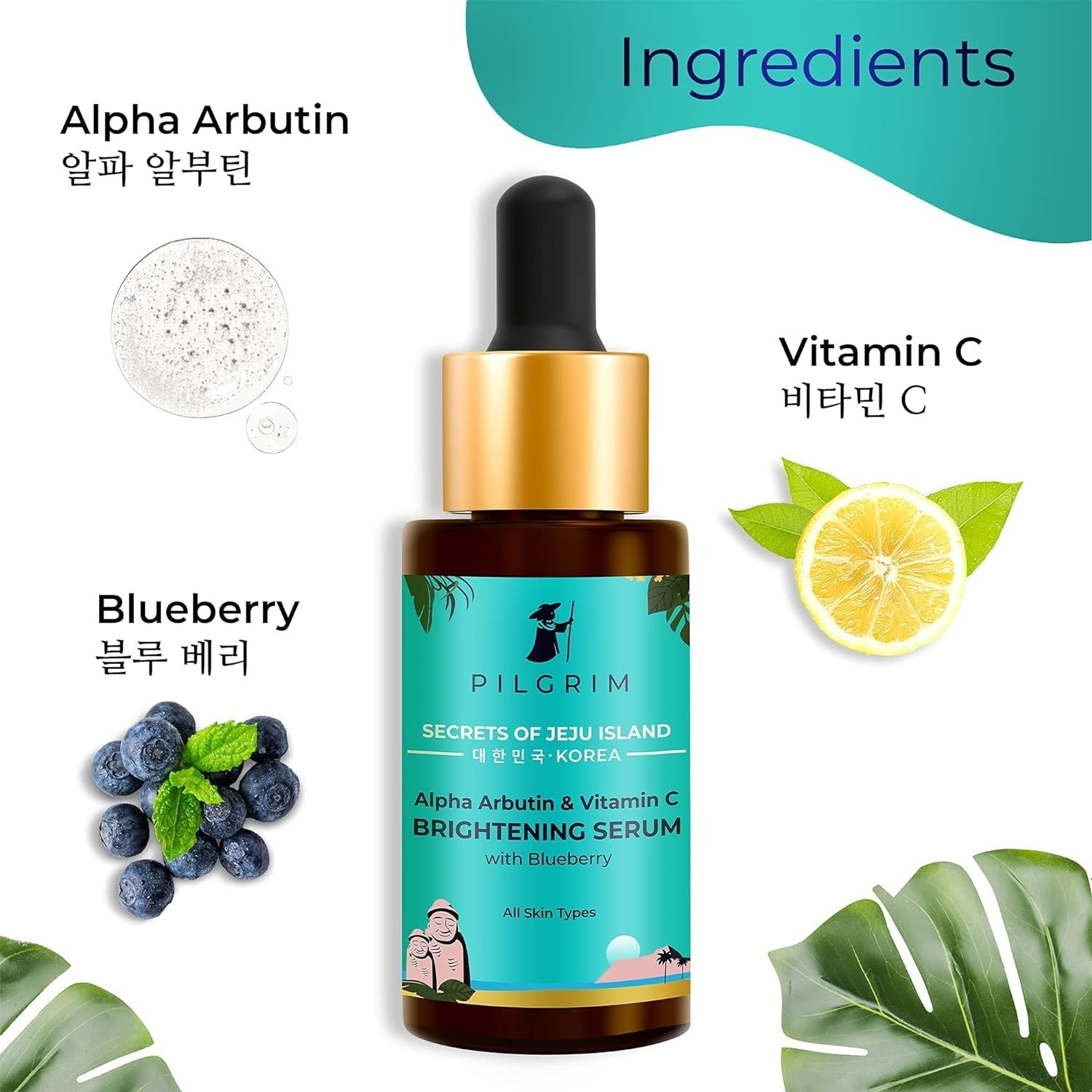 PILGRIM Korean 2% Alpha Arbutin & 3% Vitamin C Brightening Face Serum for glowing skin| Alpha arbutin face serum|All skin types | Men & Women| Korean Skin Care| Vegan & Cruelty-free | 30ml 