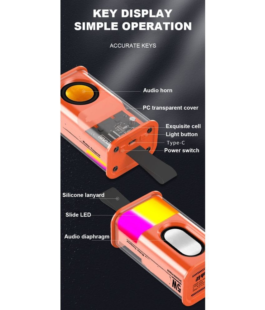  Armour Transparent 5 W Bluetooth Speaker Bluetooth V 5.0 with USB,SD card Slot Playback Time 5 hrs - Orange