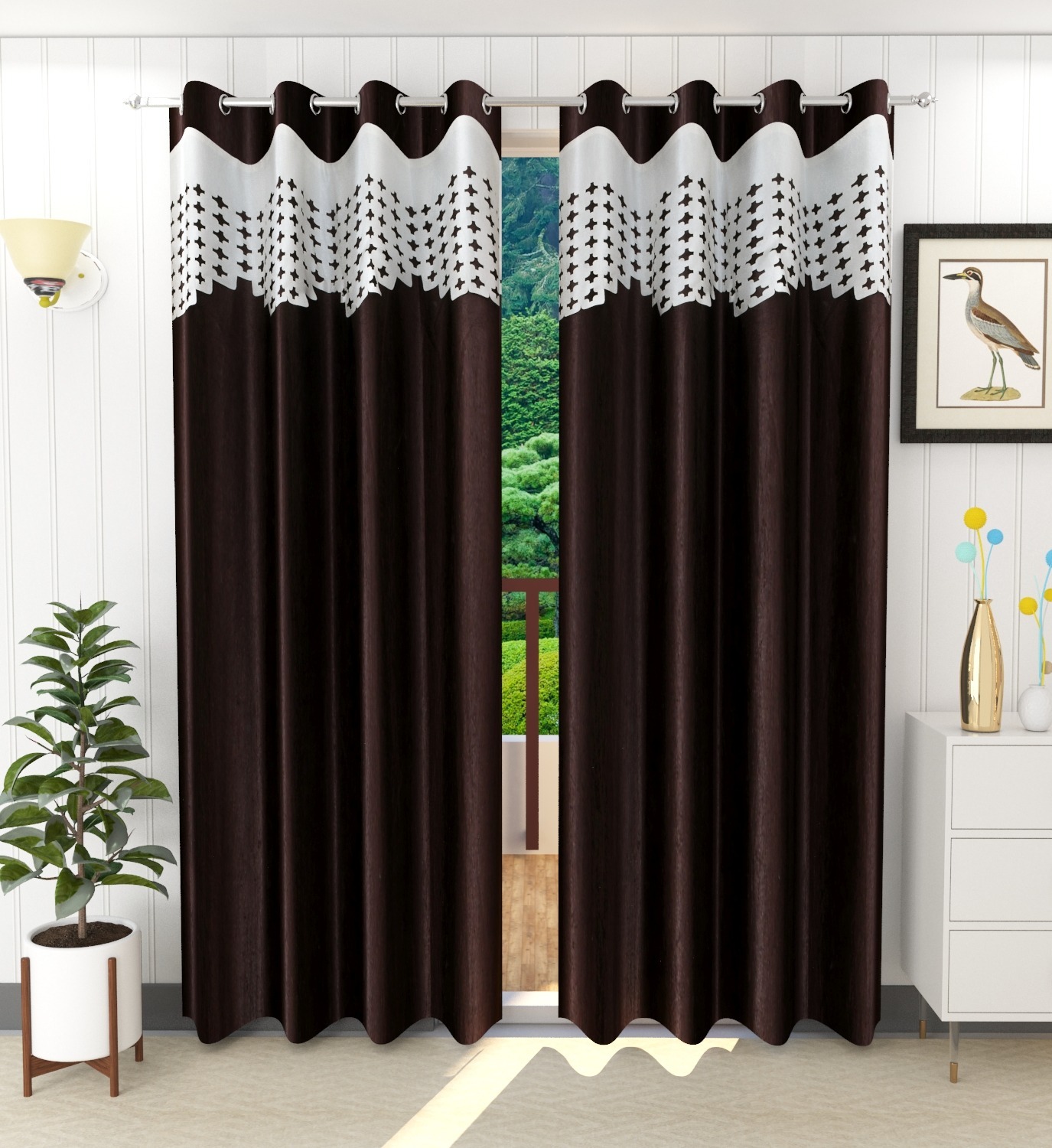 Home Garage Polyester Eyelet Valence Design Brown Solid Curtains Pack of 2