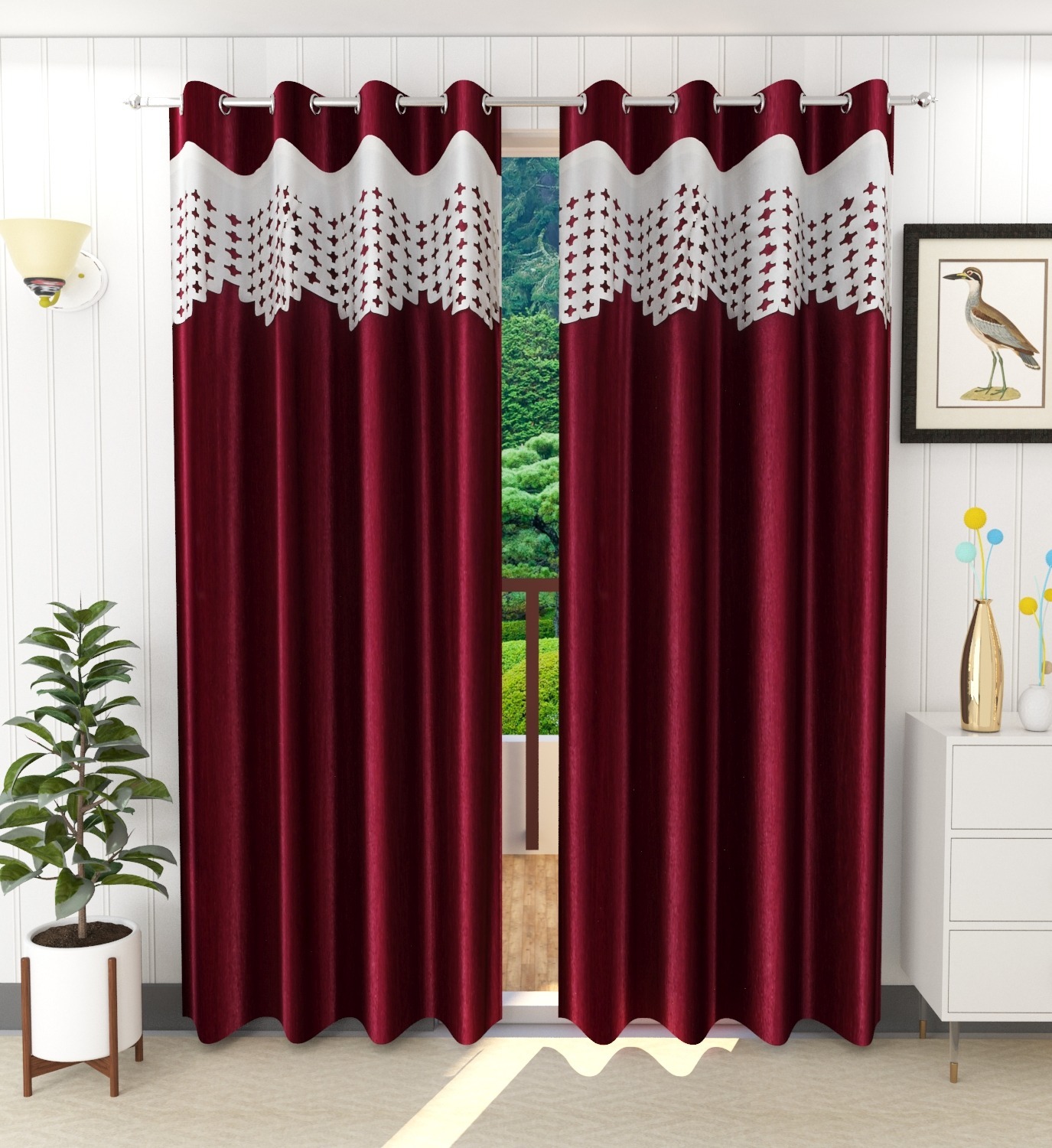 Home Garage Polyester Eyelet Valence Design Maroon Solid Curtains Pack of 2