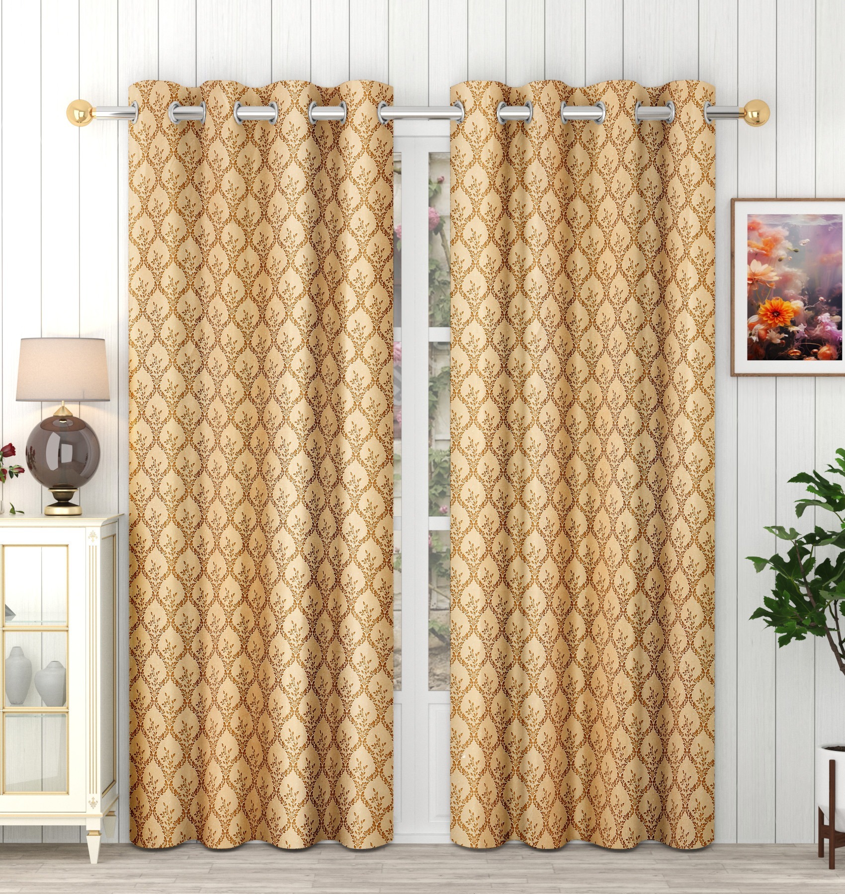 Panipat Textile Hub Polyester Eyelet Gold Designer Print curtains Pack of 2