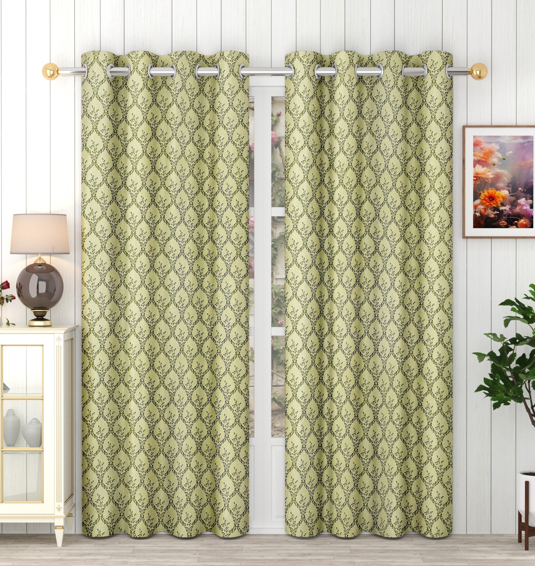 Panipat Textile Hub Polyester Eyelet Green Designer Print curtains Pack of 2