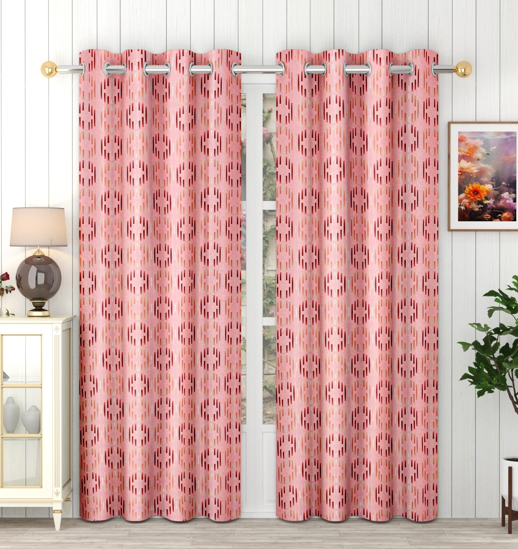 Panipat Textile Hub Polyester Eyelet Maroon Designer Print curtains Pack of 2