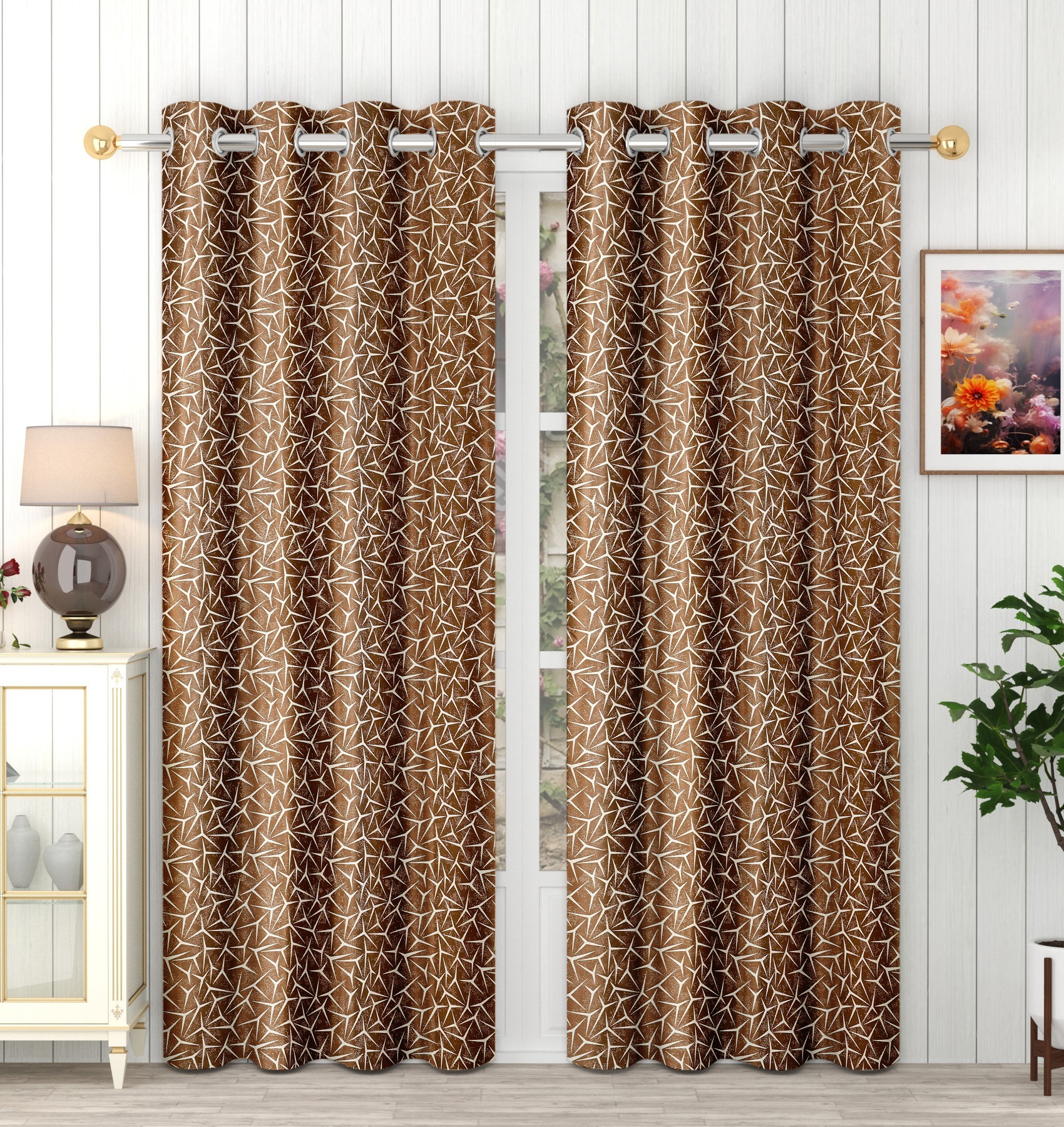 Panipat Textile Hub Polyester Eyelet Brown Designer Print curtains Pack of 2