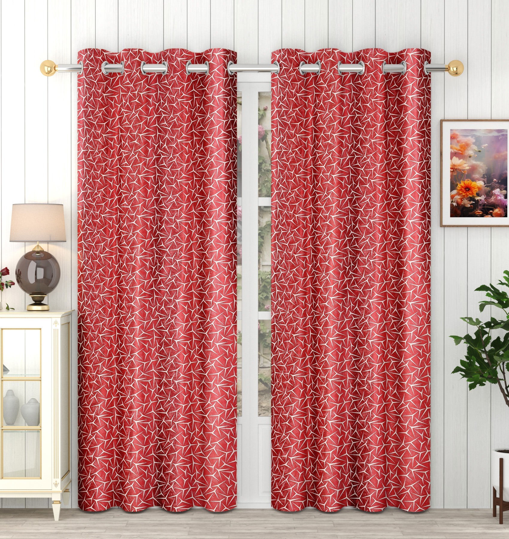 Panipat Textile Hub Polyester Eyelet Maroon Designer Print curtains Pack of 2