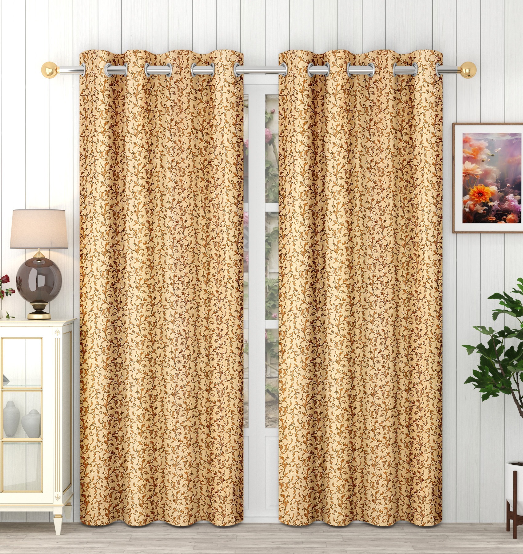Panipat Textile Hub Polyester Eyelet Gold Designer Print curtains Pack of 2