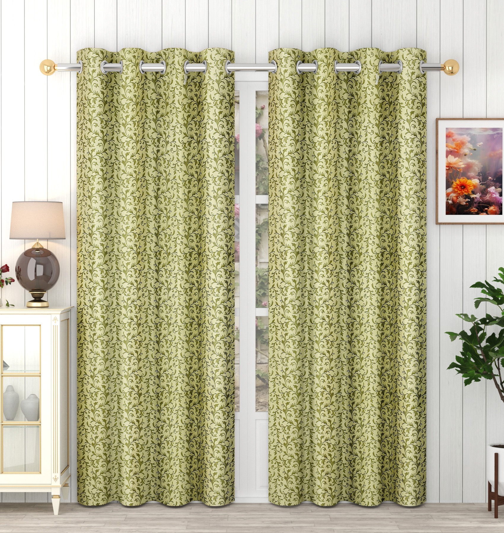 Panipat Textile Hub Polyester Eyelet Green Designer Print curtains Pack of 2