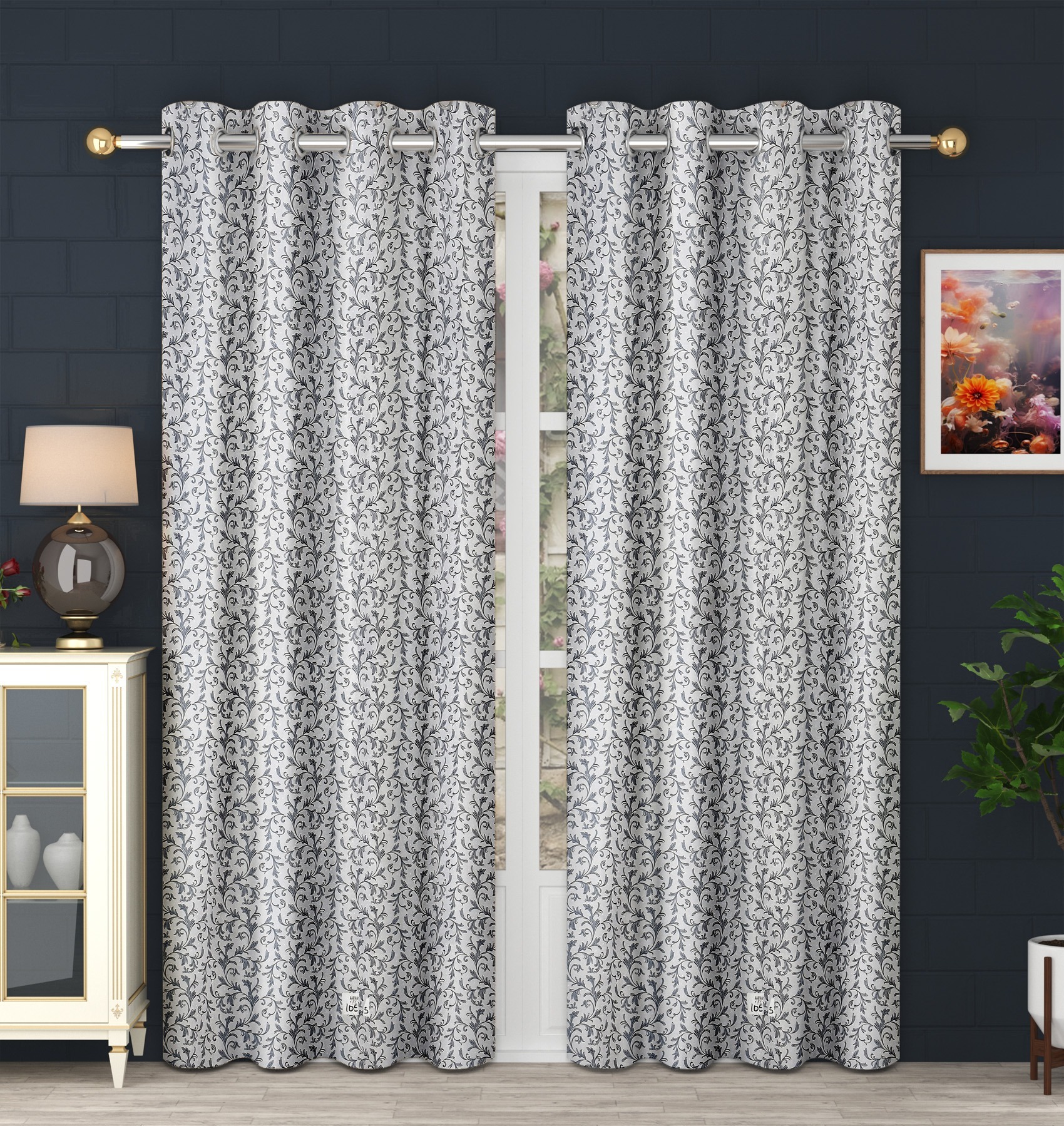 Panipat Textile Hub Polyester Eyelet Grey Designer Print curtains Pack of 2