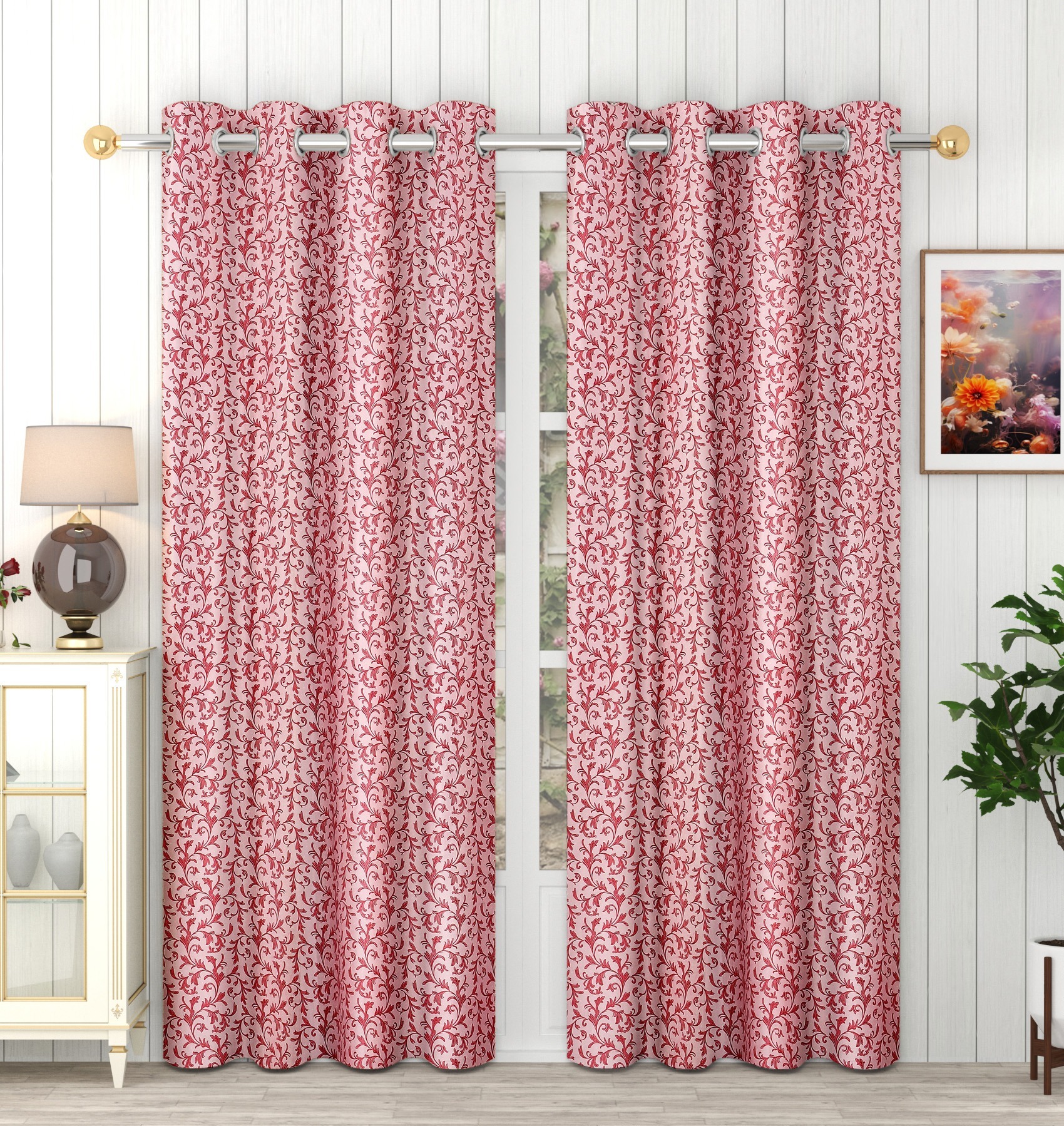 Panipat Textile Hub Polyester Eyelet Maroon Designer Print curtains Pack of 2
