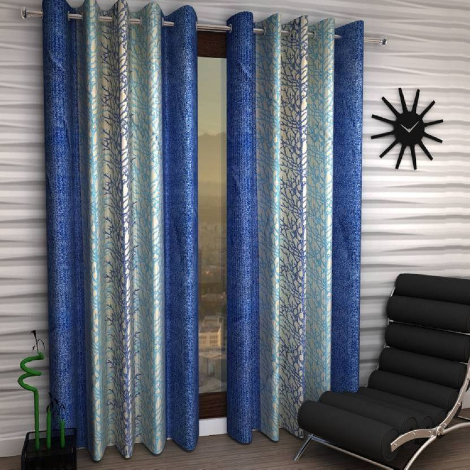 Loof Klapper Polyester Eyelet Blue Printed Design curtains Pack of 2