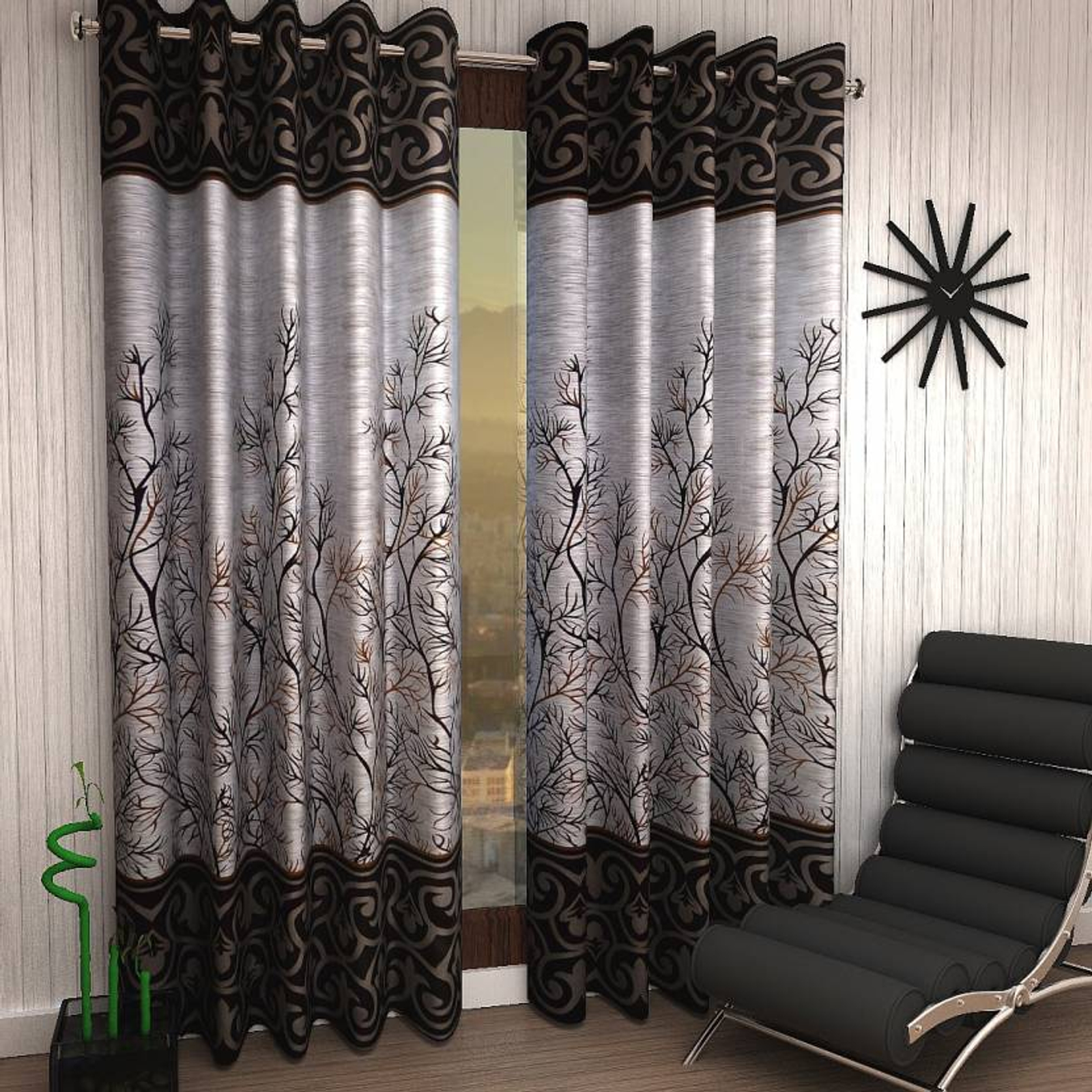 Tanishka Fabs polyester Eyelet Brown Printed Design curtains Pack of 2
