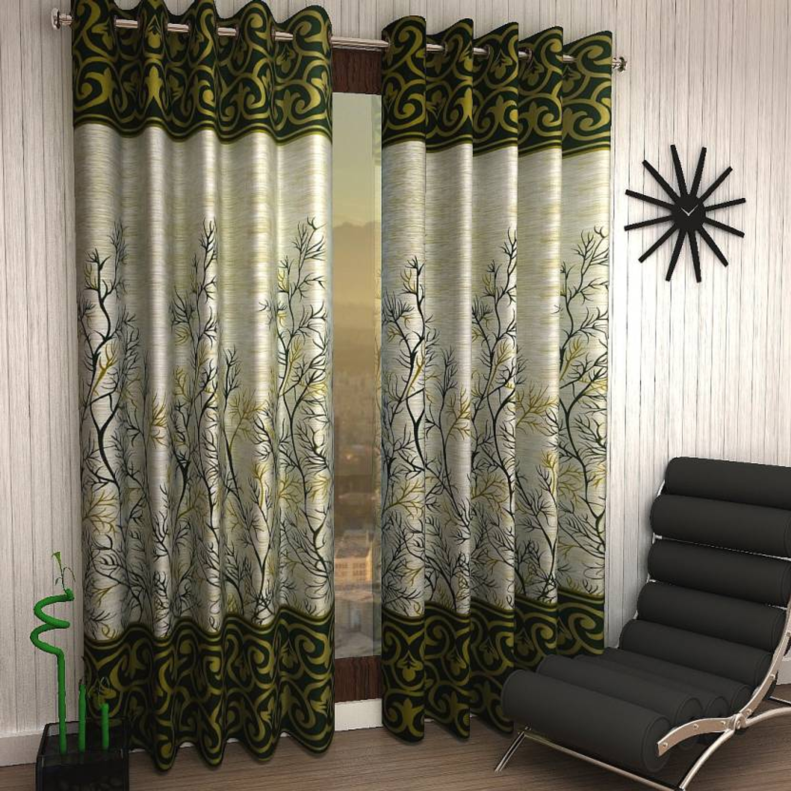 Tanishka Fabs polyester Eyelet Green Printed Design curtains Pack of 2