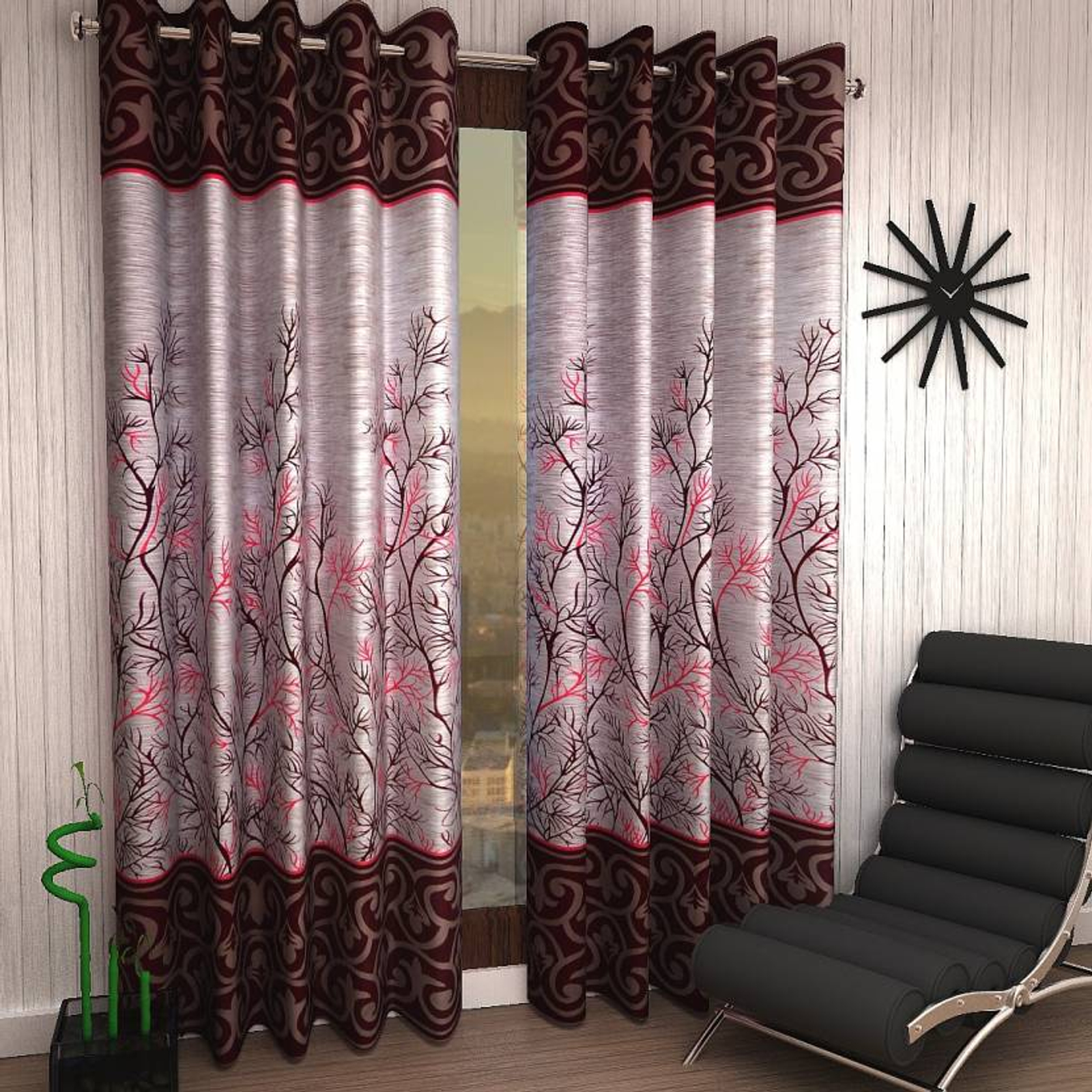 Tanishka Fabs polyester Eyelet Mroon Printed Design curtains Pack of 2