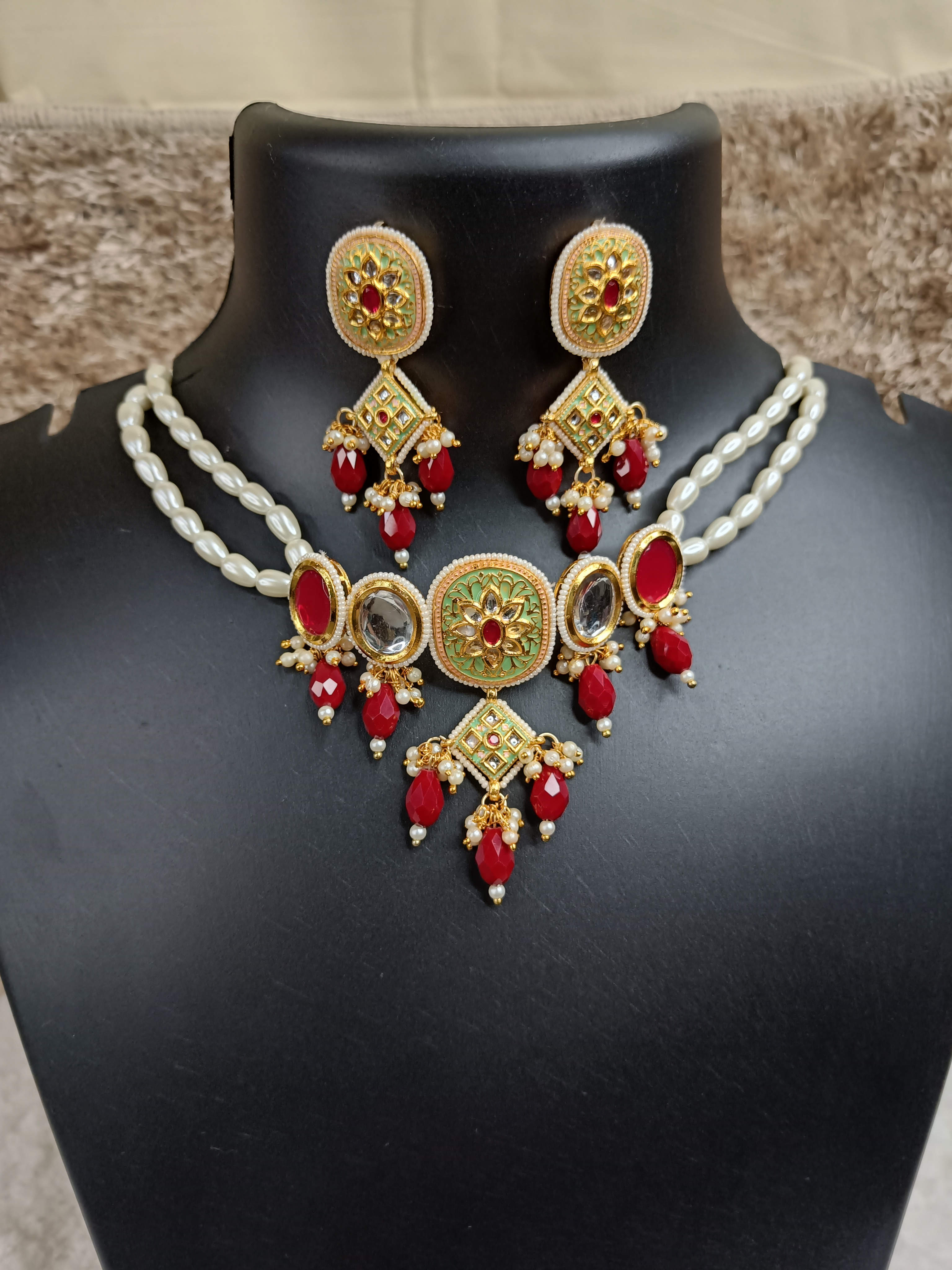 Green Red Kundan Choker Set