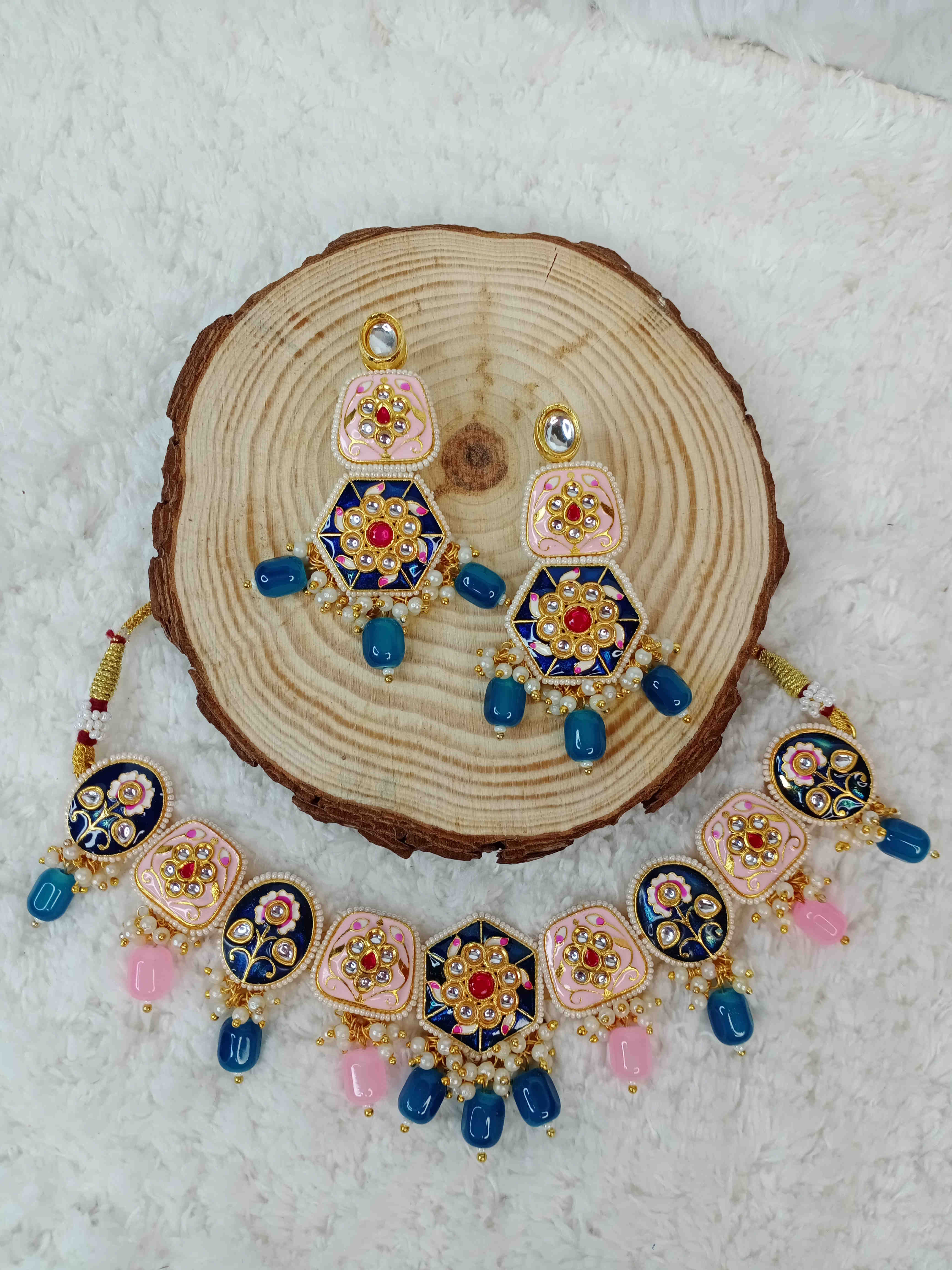 Pink & Blue Meenakari Kundan Necklace 