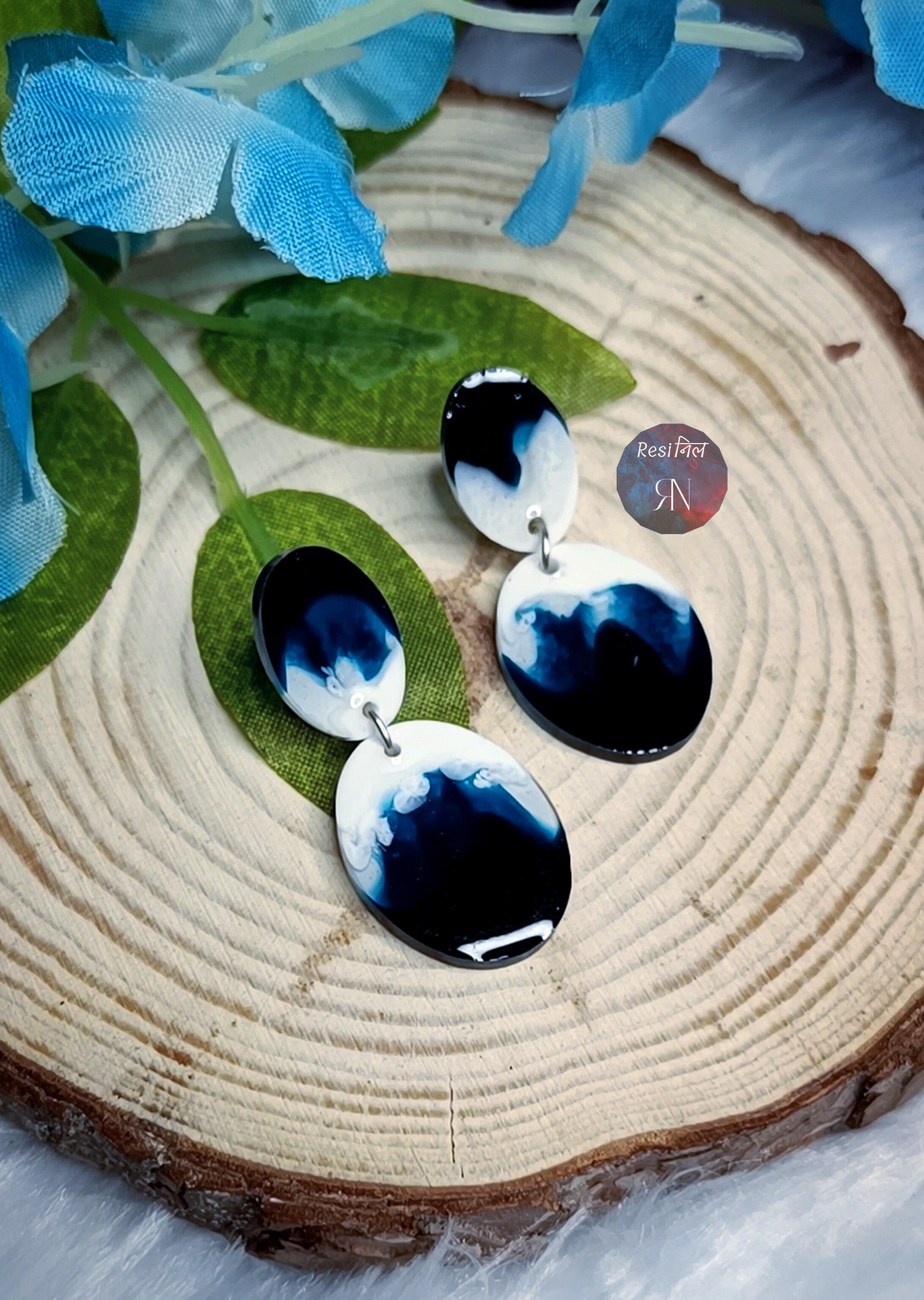 White & Blue Resin Stud Earrings (F) - Navy Blue