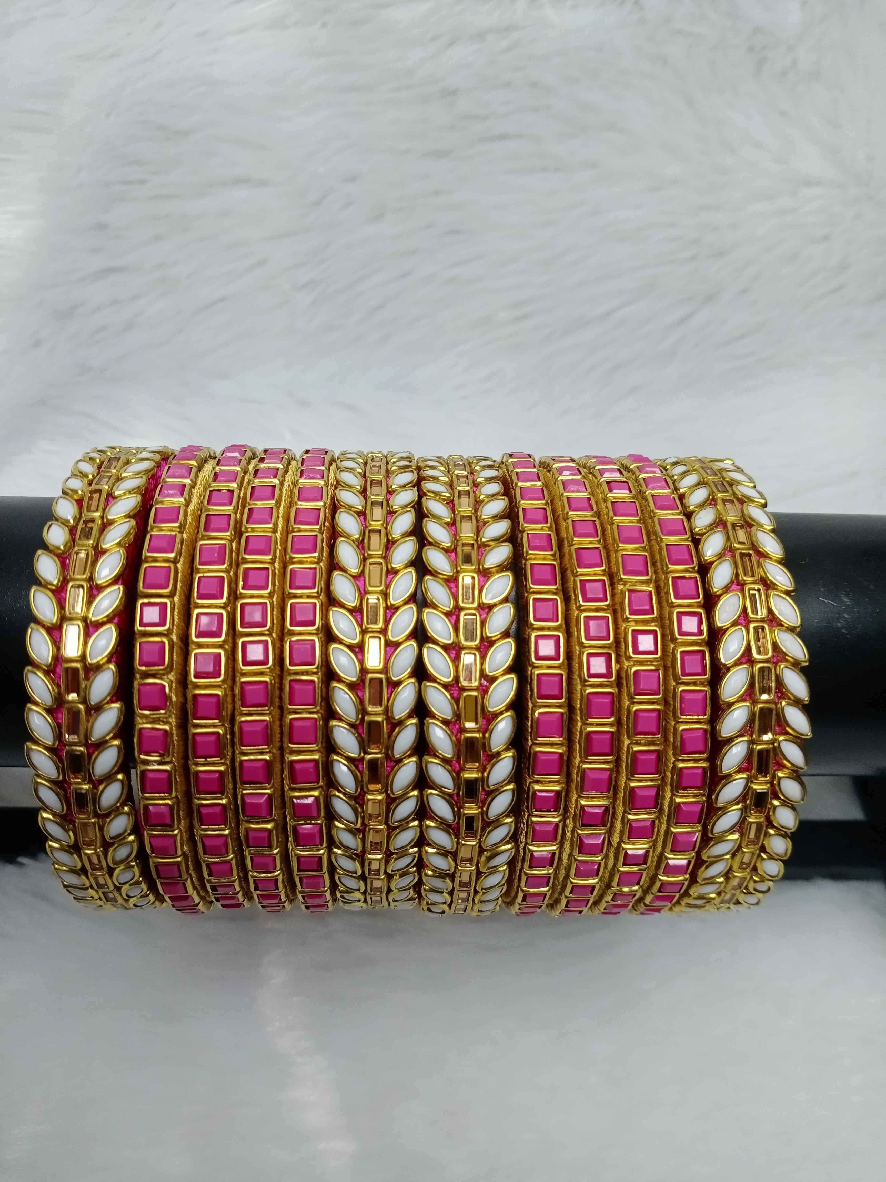 Pink & White Kundan Bangles - 2.6