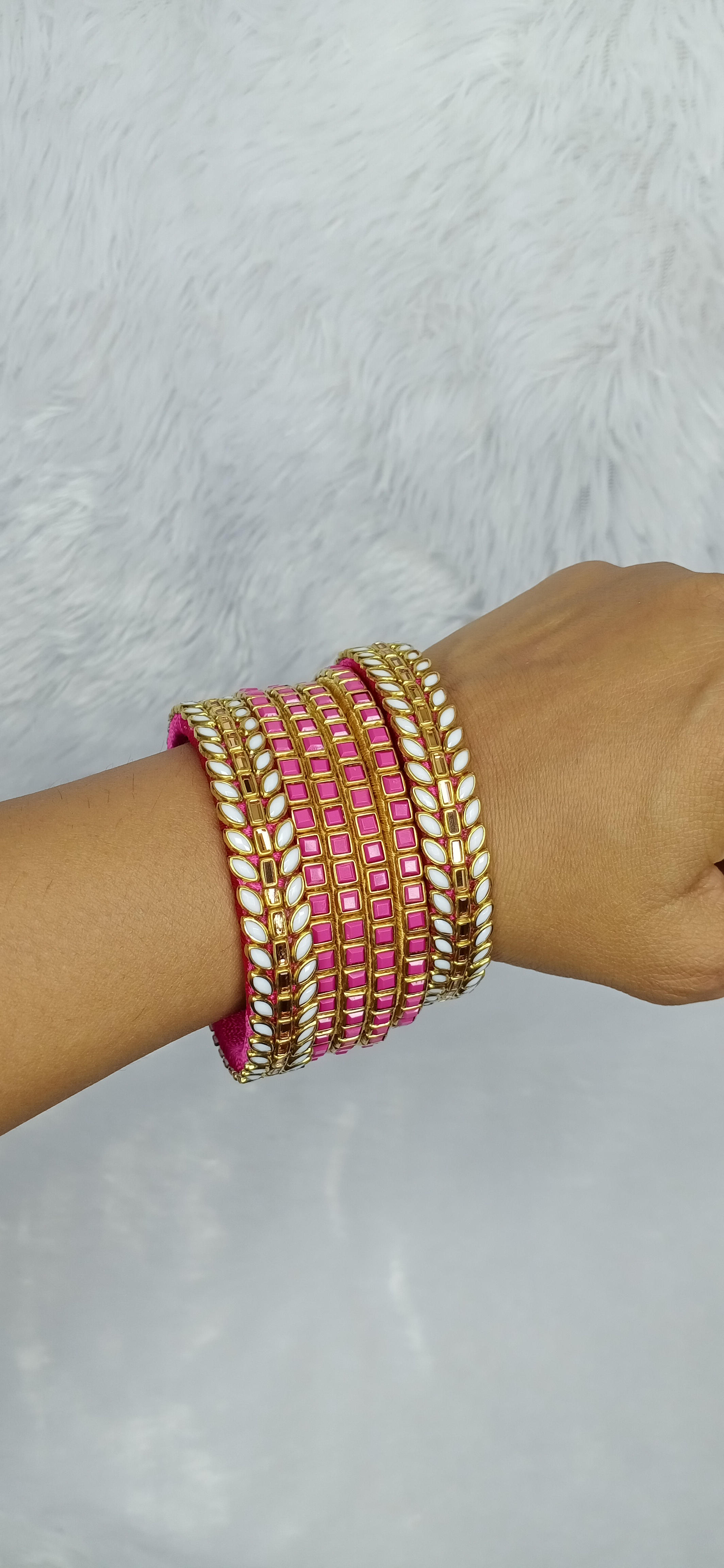 Pink & White Kundan Bangles - 2.6