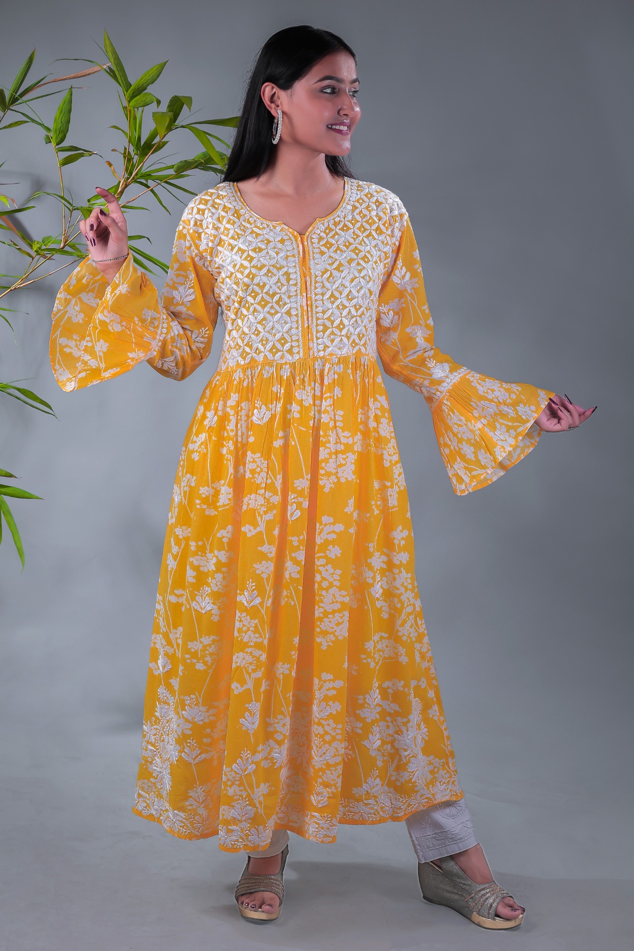 Yellow Chikankari Mulprint Frock  