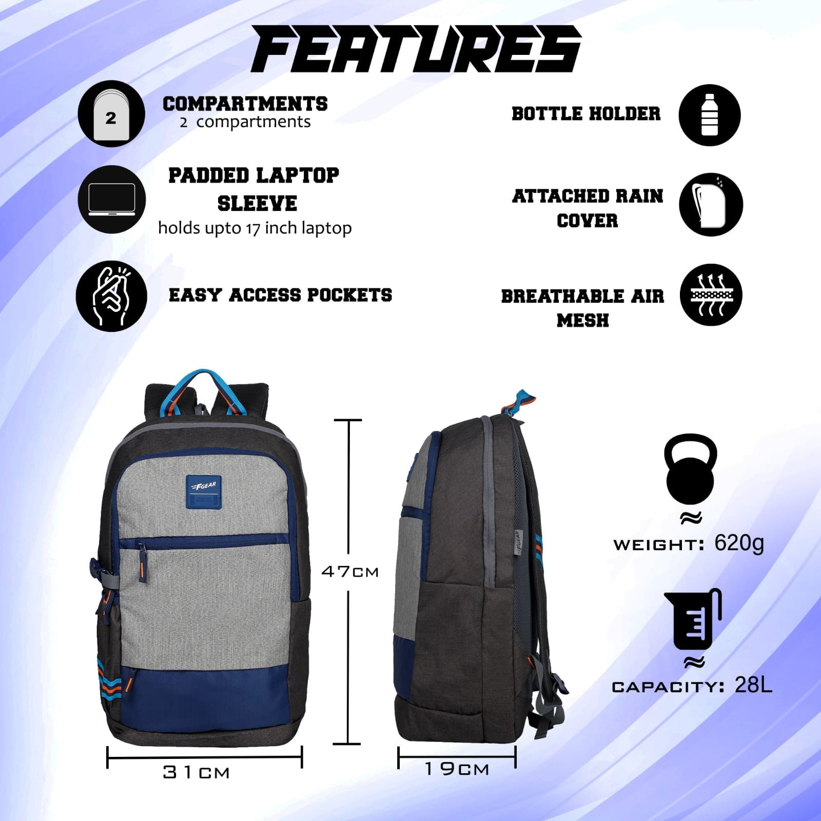 FGEAR Greater Grey 25L Laptop Backpack with Raincover-Colour: Grey and Navy blue. - F Gear Greater 25L Laptop Bag