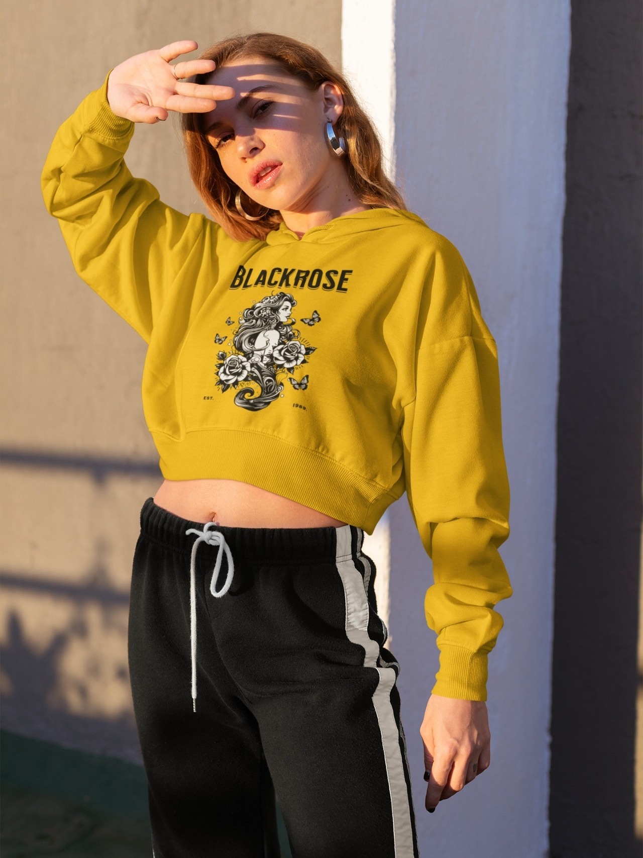 Stun Life Co. Crop Hoodies - Black Rose - Mustard Yellow, XS, All India Delivery in 3-5 Days, 7 Days Easy Returns