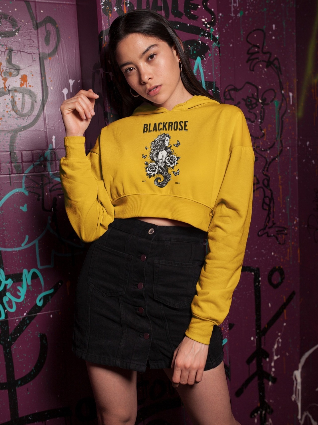 Stun Life Co. Crop Hoodies - Black Rose - Mustard Yellow, XS, All India Delivery in 3-5 Days, 7 Days Easy Returns